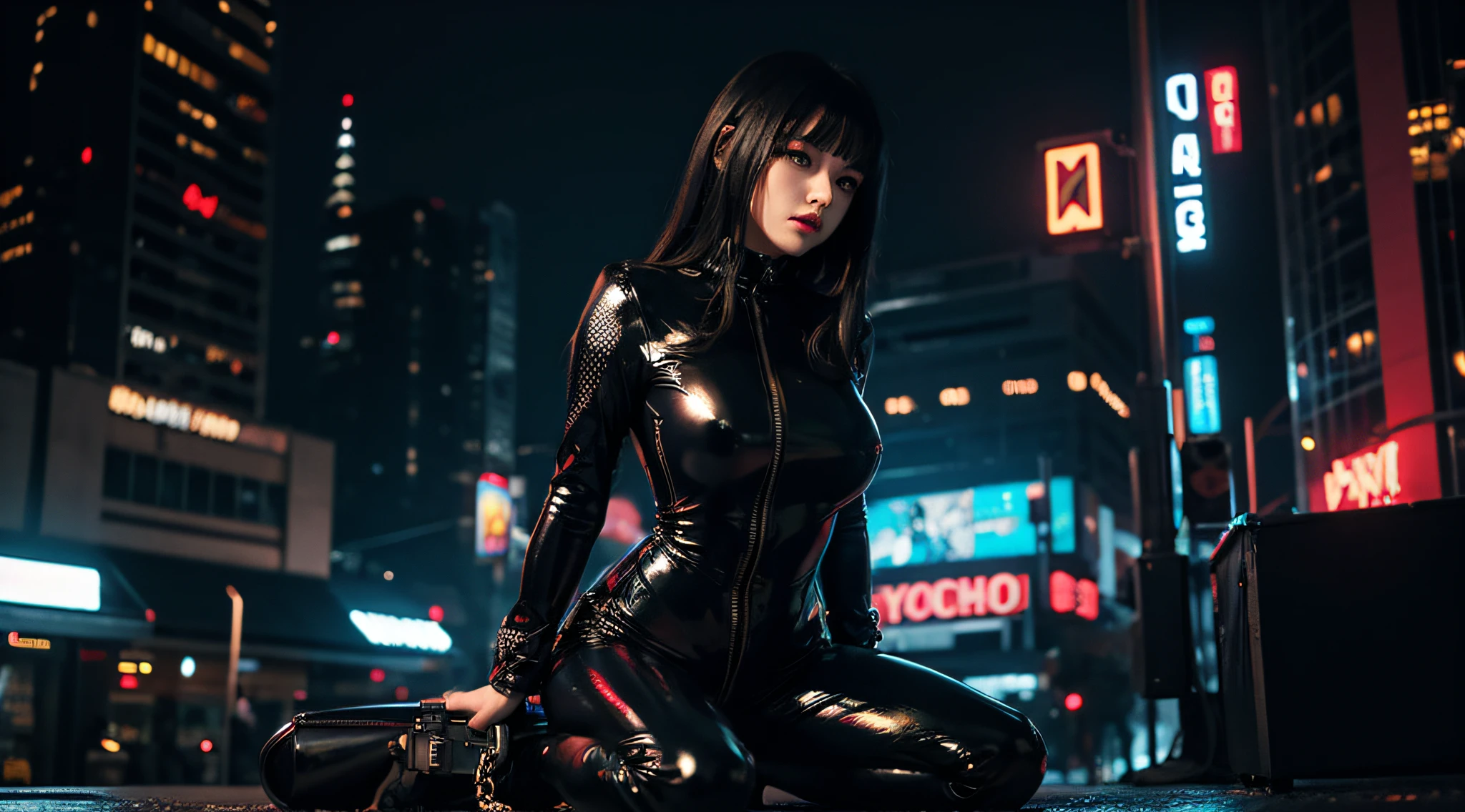 This image contains、A beautiful Japanese girl stands against a futuristic urban background、Very stylish and impactful pose。She was wearing a tight black sheer outfit.、Over that he wears a black leather jacket。The costume has a cross motif.、It brings out the character's dark and mysterious atmosphere.。Her hair is in twin tails、Silvery hair color、The contrast with the red eye patch makes it stand out.。
In the background are rows of skyscrapers、There is a dark atmosphere that gives off the hustle and bustle of the city.、The lighting is cleverly placed to emphasize her own presence.。especially、To enhance the contrast of the characters、A vertical screen composition is used.。
The pose is bold、With a confident look、It is a composition that gives a strong impact to the viewer.。With ultra-realistic depictions of live-action footage、The texture of the characters and the details of their costumes are expressed in detail.、The visuals are extremely realistic and immersive.。