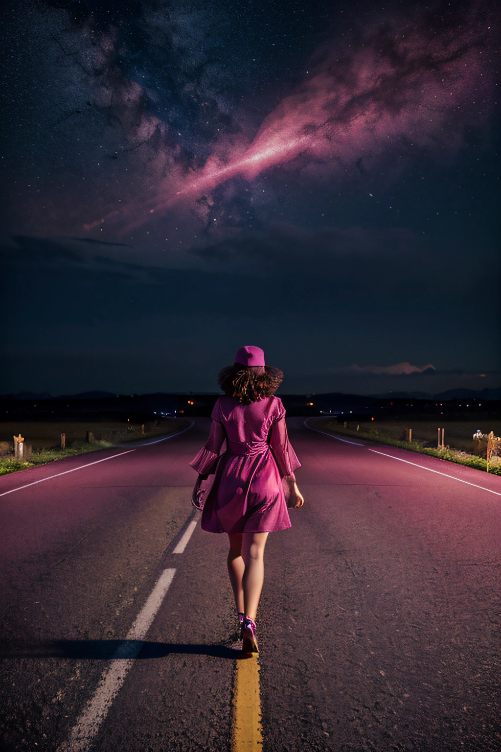 Create a realistic image with a woman in a magenta dress walking on a road against the starry horizon. The image conveys the idea of a shared path and confidence in the future, with a mystical air.