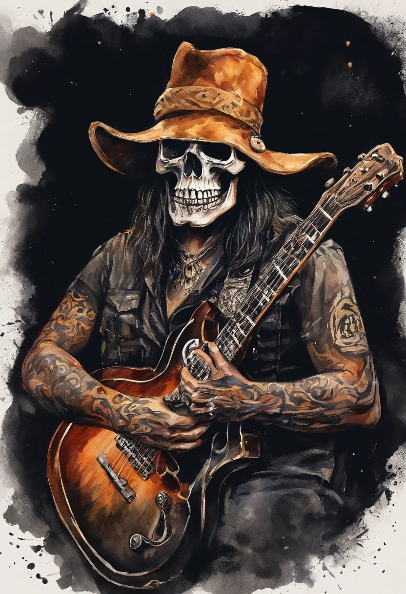 caveira,music,metal,high quality,8k,(metalhead:1.1),detailed skull,dark color tone,vivid colors,detailed guitar,concert lighting,music festival