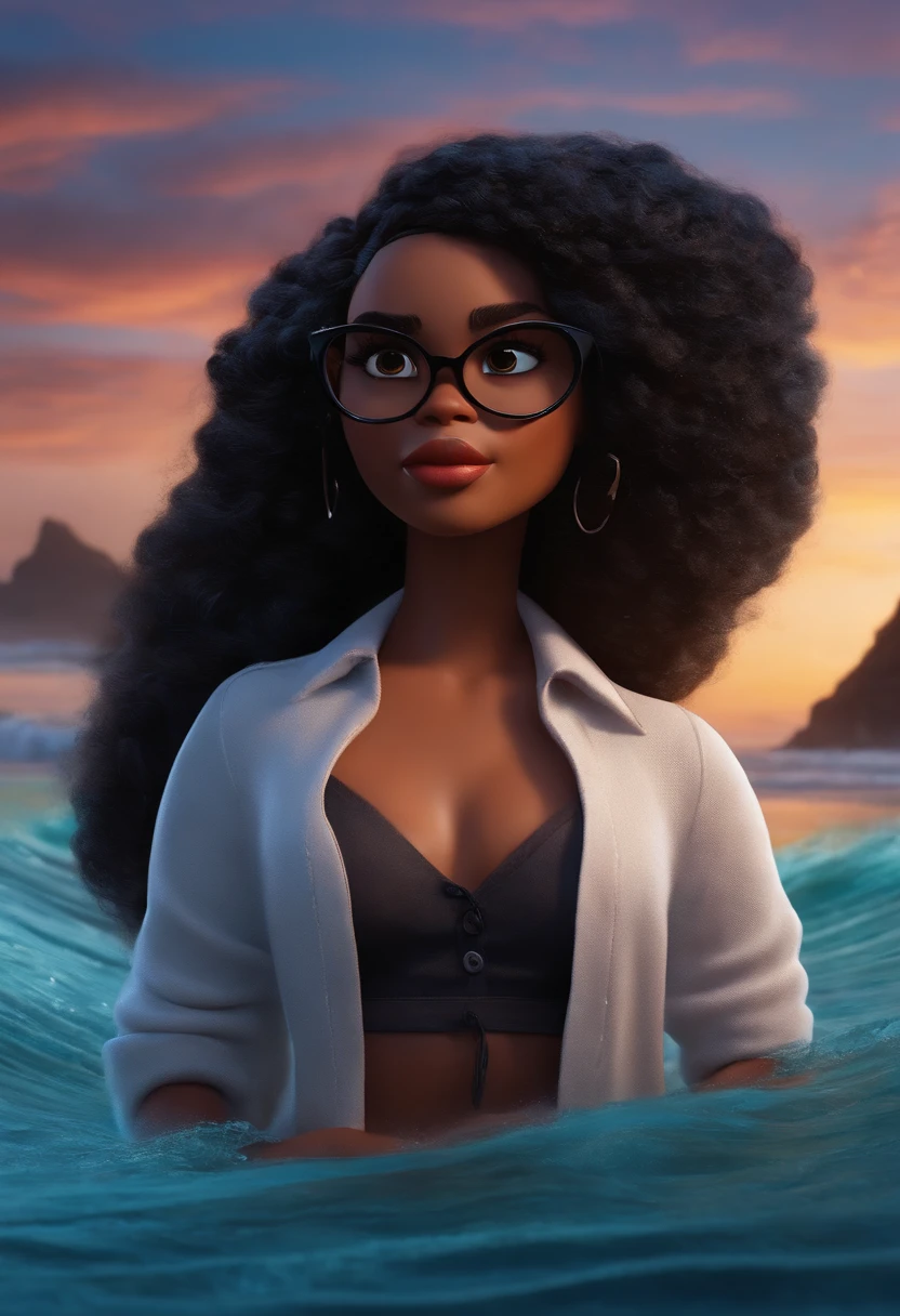 personagem da disney pixar, menina negra  de cabelos ondulados na praia de oculos e sorrindo