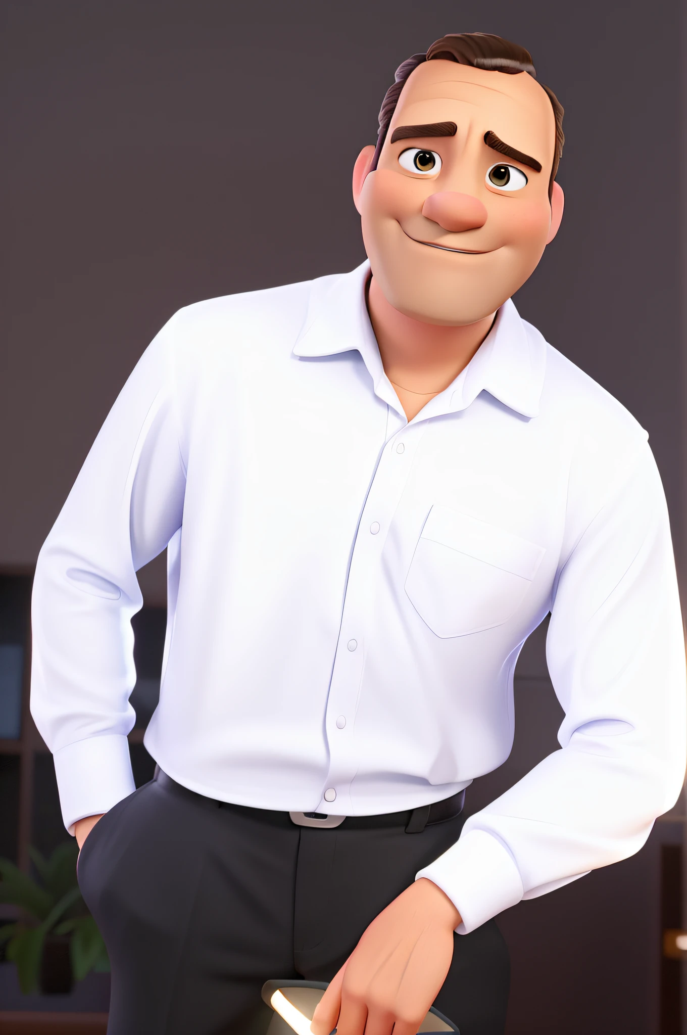 A wise disney pixar model man standing in front, illuminated by the light of a lamp, contra o pano de fundo de uma biblioteca.