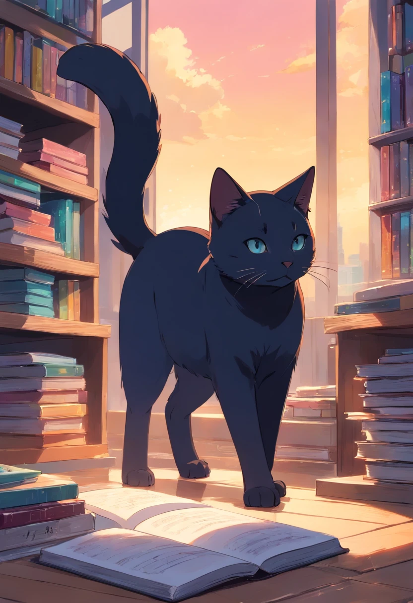 Gato preto deitado em livros na arte, Cuidados com os olhos estreitos、lazer、Cor principal preto, Cyan secondary color, Fundo rosa pastel, artistic, sofisticado, Estilo acolhedor, As formas incluem gatos abstratos, Playful forms, Elegant piece, As texturas incluem texturas de pelagem, pintura lisa, textura do tecido, Lines contain elegant lines, Curvas naturais, Silhueta delicada, The shape is elegant, approachable, expressivo, aesthetic.