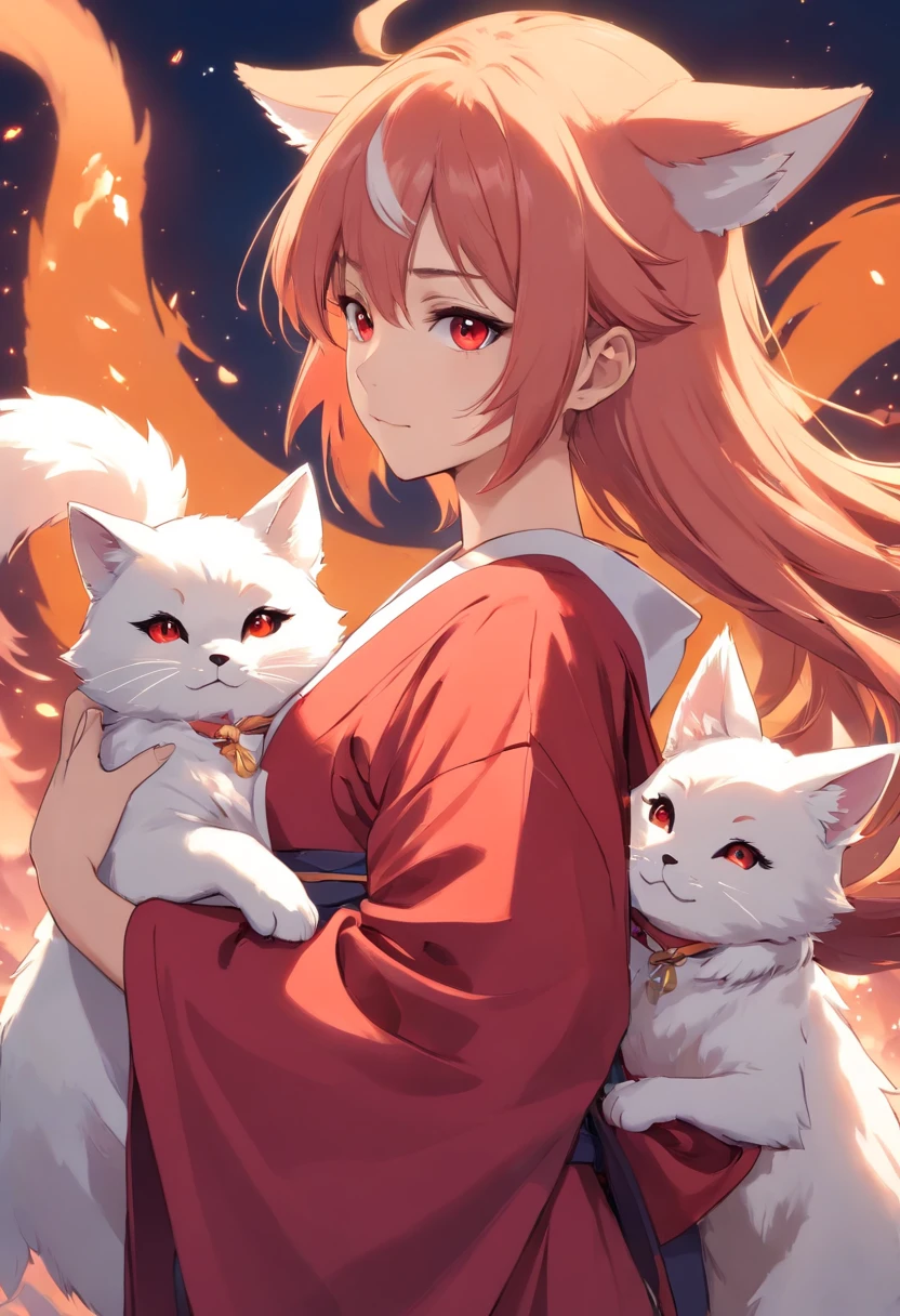 There's a woman dressed in a red robe holding a white cat, with kitsune mask, raposa nobushi, Anime Cosplay, Kitsune, raposa nobushi segurando uma naginata, Kitsune segurando tocha, Inuyasha, nove caudas, raposa branca - cabelo, Cosplayer, Mizutsune, Cosplay, wearing a Kitsune mask, personagem de videogame