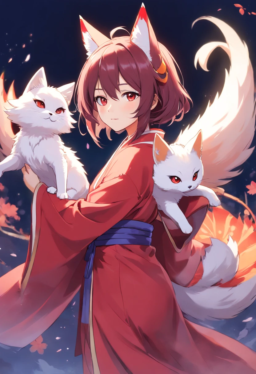 There's a woman dressed in a red robe holding a white cat, with kitsune mask, raposa nobushi, Anime Cosplay, Kitsune, raposa nobushi segurando uma naginata, Kitsune segurando tocha, Inuyasha, nove caudas, raposa branca - cabelo, Cosplayer, Mizutsune, Cosplay, wearing a Kitsune mask, personagem de videogame