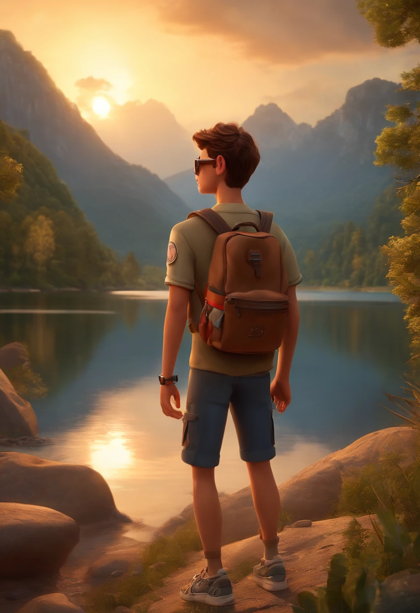 character, young Brazilian, , light brunette, brown eyes, very short hair, sunglasses, with a camera in his hands, sports pants, sneakers, watch, low-cut t-shirt, backpack on his back, Disney Pixar style, on the edge of a beautiful lake, wonderful sunset, people on site having fun, high quality, 3d