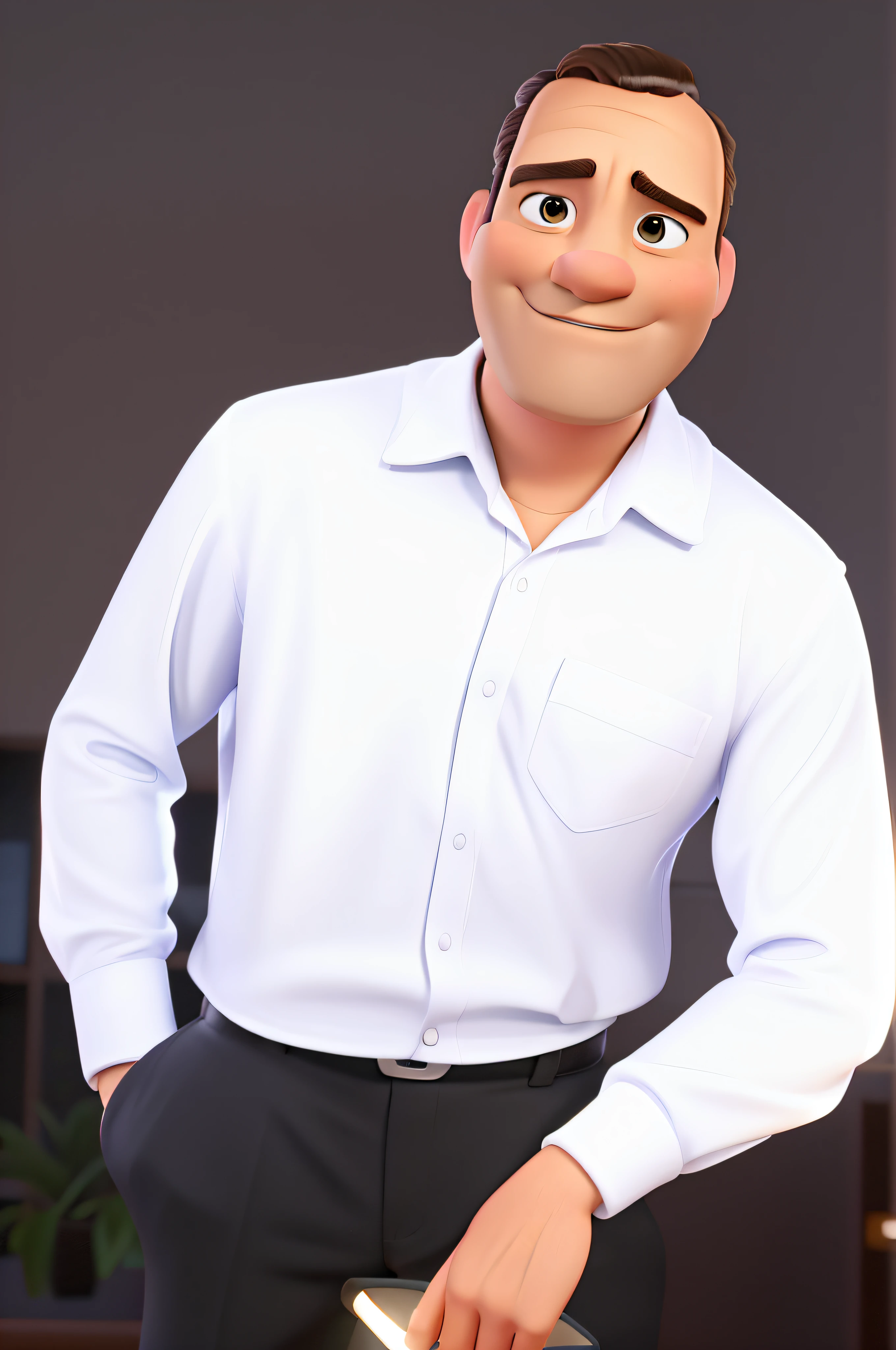 A wise disney pixar model man standing in front, illuminated by the light of a lamp, contra o pano de fundo de uma biblioteca.