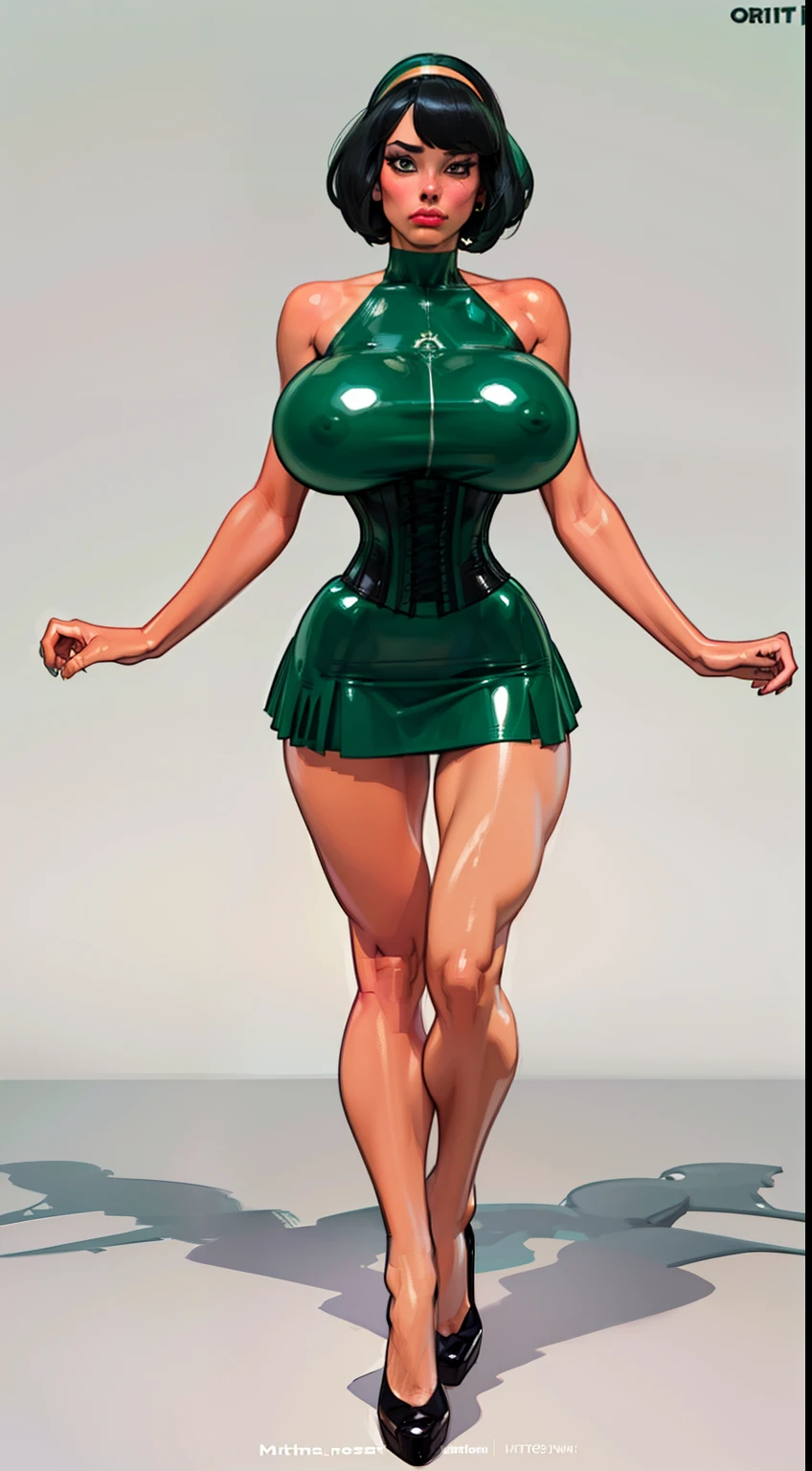 ((masterpiece)),(((best quality))),((character design sheet)), ((full body view)) illustration,1girl, muscular, ((tight mintgreen skirt:1.2)), buttercup, (mintgreen hairband),(dark black hair:1.3), greendress ((detailed face:1.4)) ((gigantic breasts:1.3)), ((latex legs)), beautiful woman, slick bobcut, ((black corset:1.1) )shiny skin, (thick legs), scribbles and marks, , rough sketches, pose, 8k,16k, (simple background, white background: 1.3)