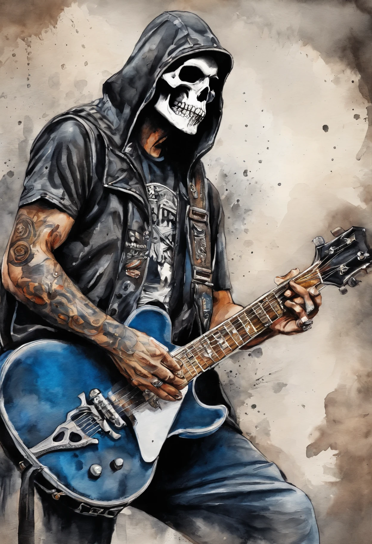 caveira,music,metal,high quality,8k,(metalhead:1.1),detailed skull,dark color tone,vivid colors,detailed guitar,concert lighting,music festival