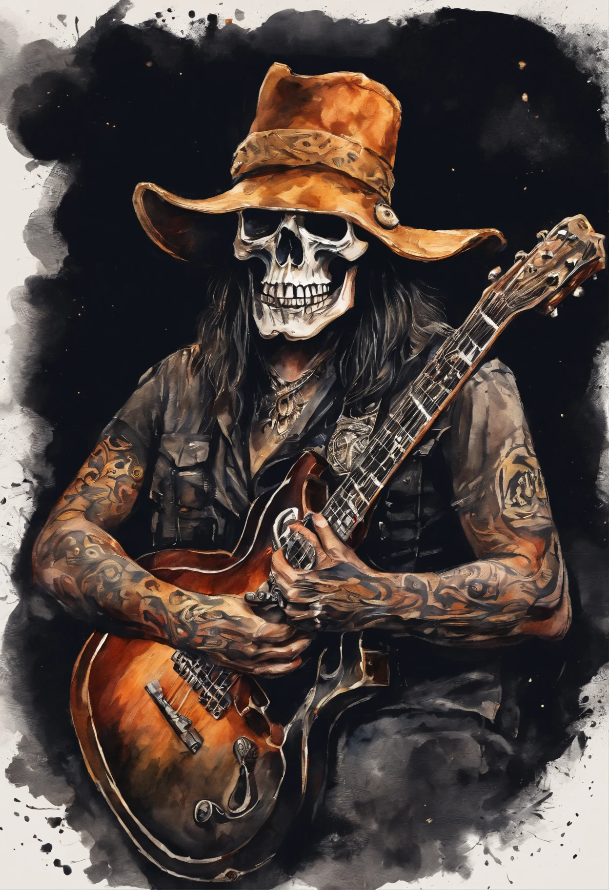caveira,music,metal,high quality,8k,(metalhead:1.1),detailed skull,dark color tone,vivid colors,detailed guitar,concert lighting,music festival