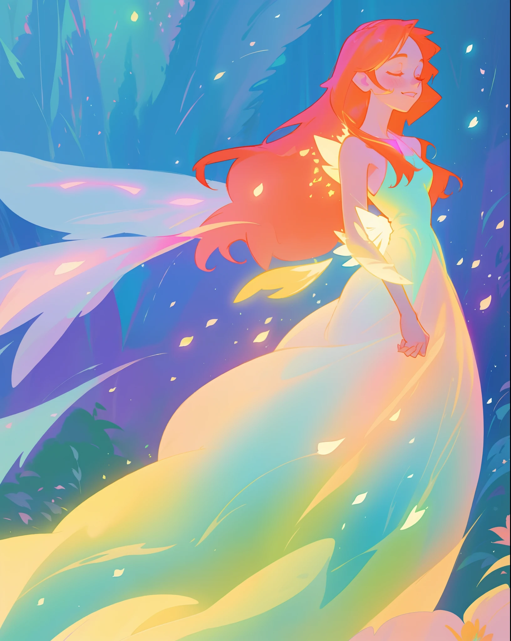 beautiful fairy girl in flowing colorful dress, fairy dress, fairy queen, magical colorful otherworldly landscape, (glowing fairy wings), glowing flowing ballgown, long hair, sparkling fairy wings, watercolor illustration, flowers and colorful plants, inspired by Glen Keane, inspired by Lois van Baarle, disney art style, by Lois van Baarle, glowing aura around her, by Glen Keane, jen bartel, glowing lights! digital painting, flowing glowing hair, glowing flowing hair, beautiful digital illustration, fantasia otherworldly landscape plants flowers, beautiful, masterpiece, best quality, anime disney style