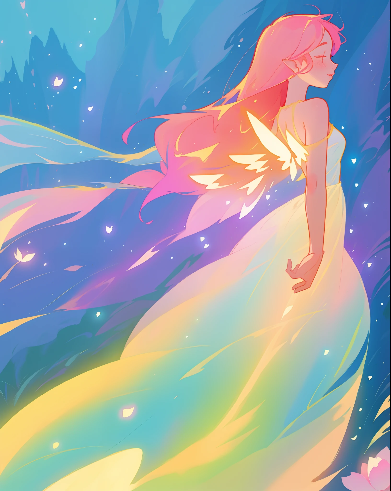 beautiful fairy girl in flowing colorful dress, fairy dress, fairy queen, magical colorful otherworldly landscape, (glowing fairy wings), glowing flowing ballgown, long hair, sparkling fairy wings, watercolor illustration, flowers and colorful plants, inspired by Glen Keane, inspired by Lois van Baarle, disney art style, by Lois van Baarle, glowing aura around her, by Glen Keane, jen bartel, glowing lights! digital painting, flowing glowing hair, glowing flowing hair, beautiful digital illustration, fantasia otherworldly landscape plants flowers, beautiful, masterpiece, best quality, anime disney style