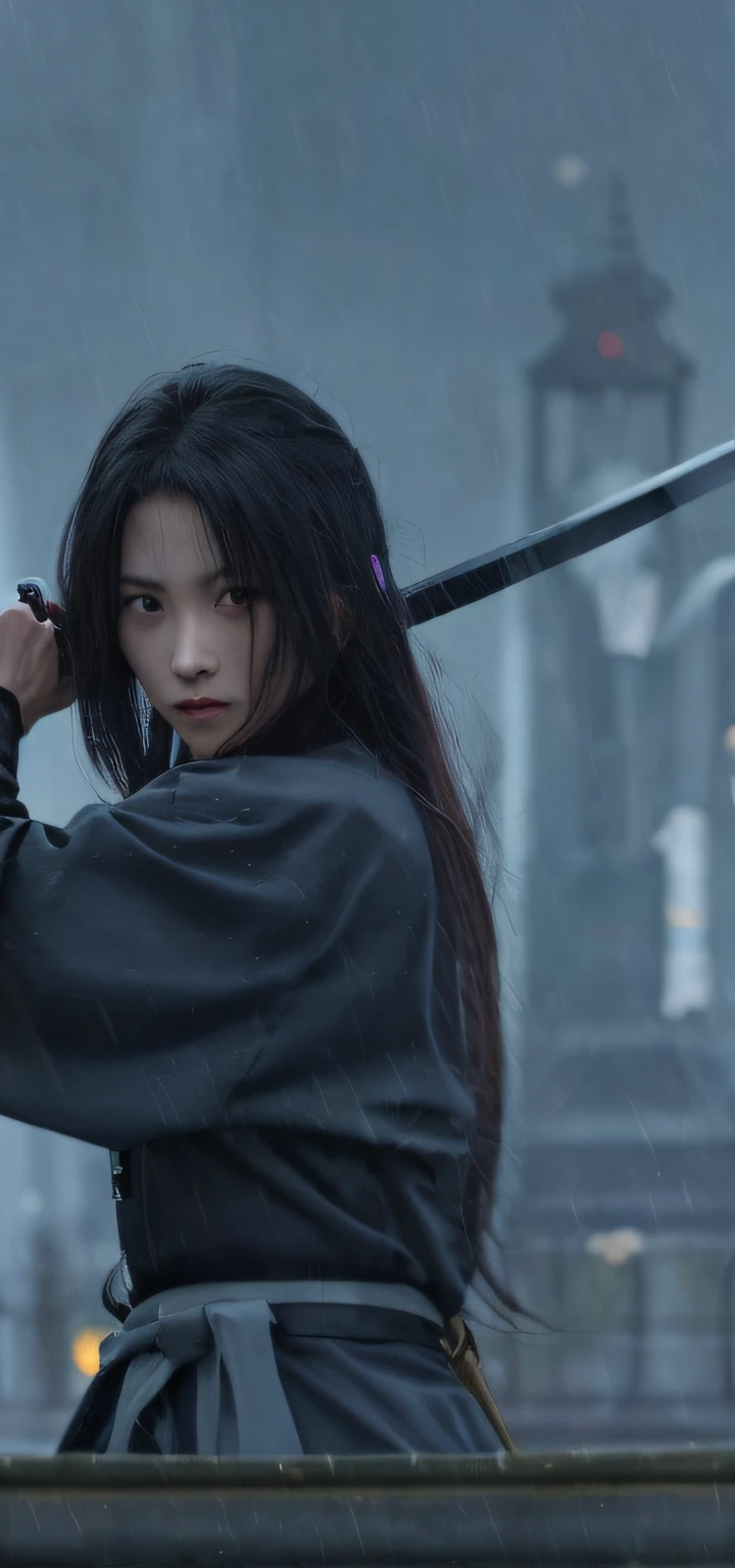 A woman dressed in black holds a sword in the rain, she is holding a katana sword, holding a sword on her shoulder, she is holding a sword, japanese live action movie, Wuxia, still from live action movie, unsheathing her katana, katana swords, The long sword in her hand, holding samurai sword