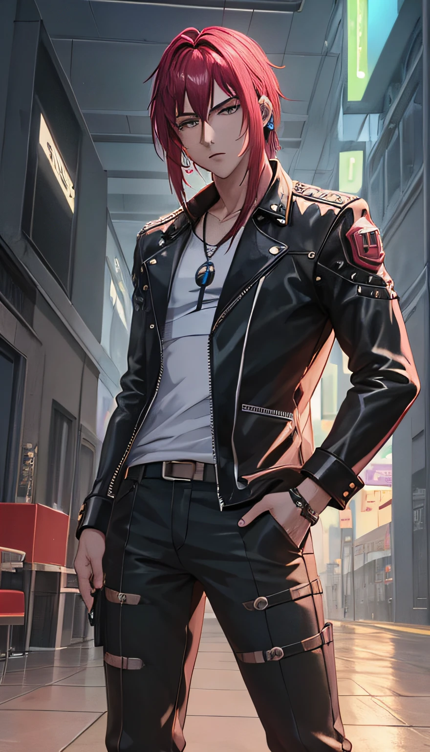 4 cartas estilo dibujos animados, cyberpunk, pelo corto, cejas gruesas, Punk digital, Estilo anime 4K, Ropa de juego de manga corta, cabello negro, Sala de ordenadores, Auriculares para juegos en la parte superior