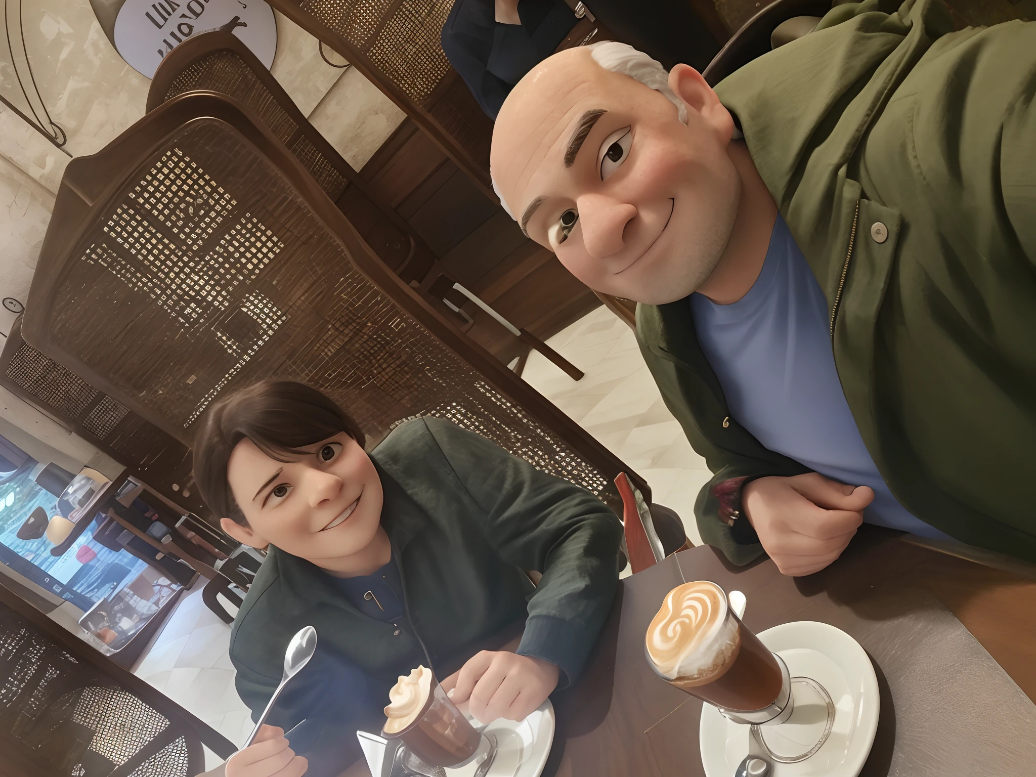 There's a man and a woman sitting at a table with desserts, enjoying coffee at a coffee shop, in a coffee shop, sitting at a café, in a bright cafe, by Hristofor Žefarović, Casal feliz, Lovely couple, muito saboroso, no pub, drinking coffee, Viagem a Legnica, momma and papa