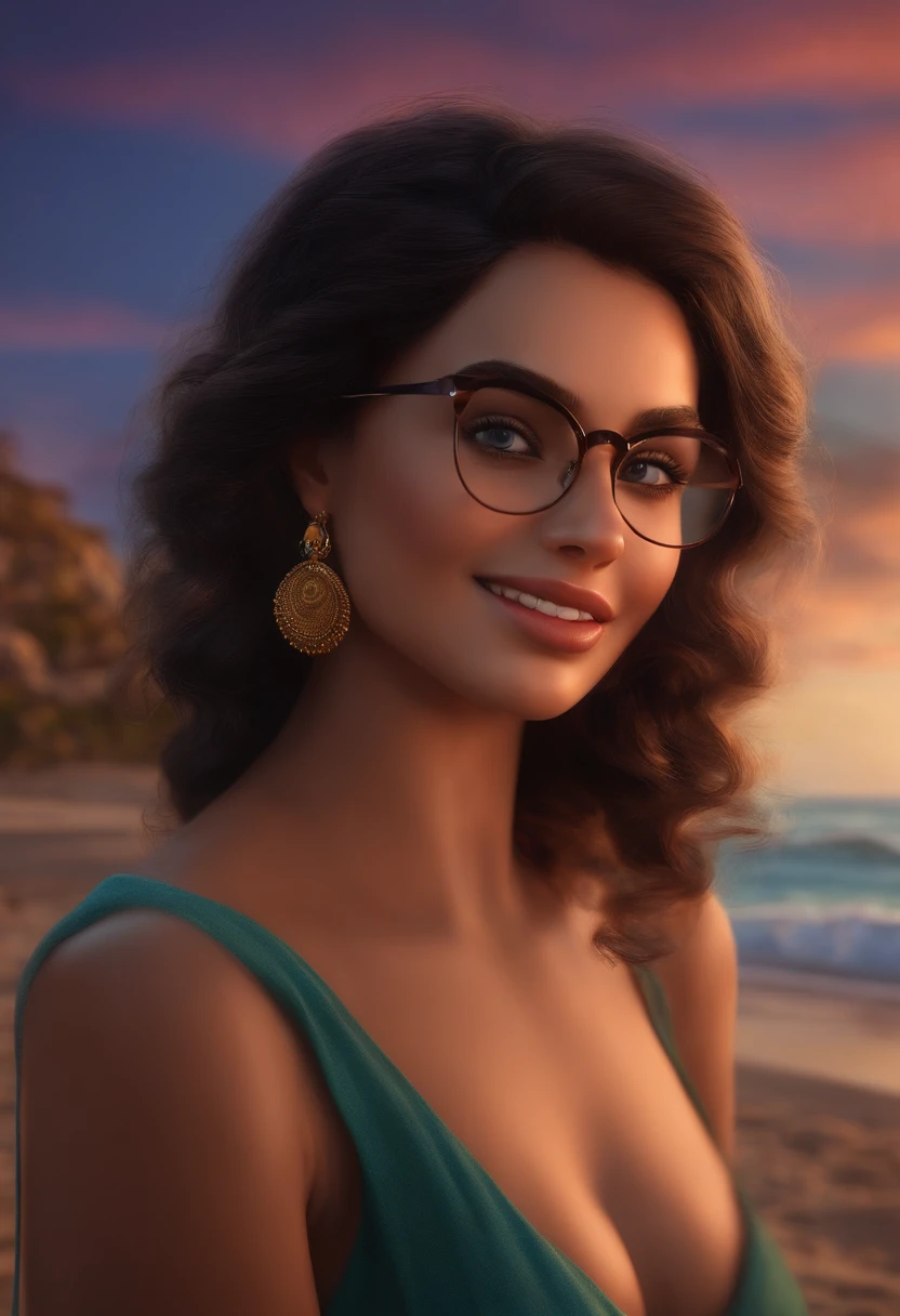 morena de oculos escuro sorrindo na praia inspirado na disney pixar