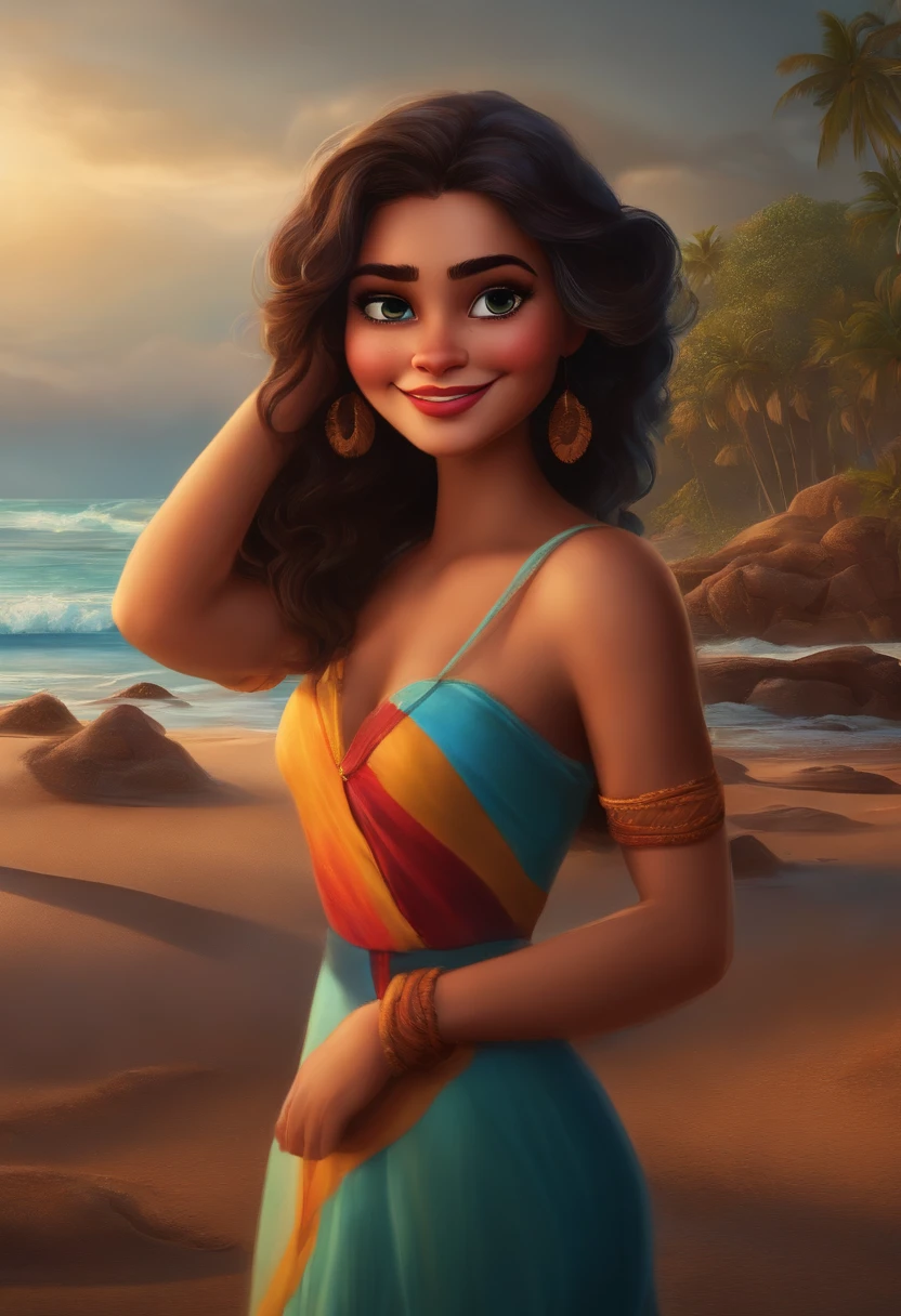 menina morena de oculos escuro sorrindo na praia inspirado na disney pixar