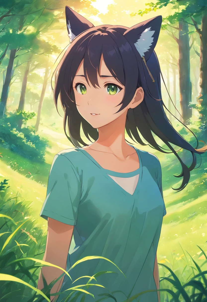 A pretty anime girl, that its under the sun light in the hill, rounded by a lot of green grass, and som trees, and a bit of wind its moving her hair, she has, black hair, and fox ears, it a semi-human, semi-fox, she, its not showing too much skin, its very dresed