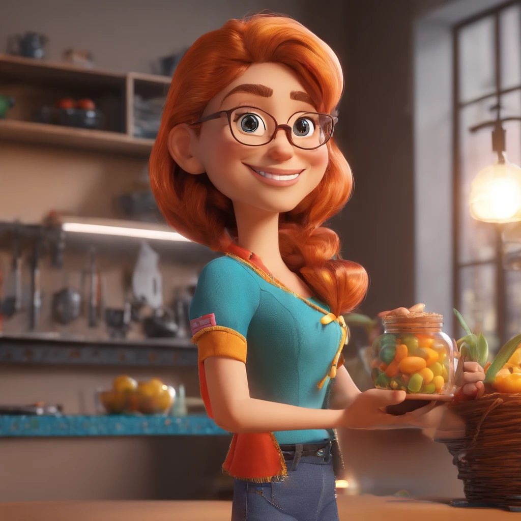 crie uma personagem mulher estilo 3D Pixar, 52 anos, branca com sardas nos rosto, de cabelos castanho bem cacheado amarrado, with brown eyes and glasses, vestindo blusa preta e avental jeans com detalhe em couro fazendo churrasco em casa ao fundo