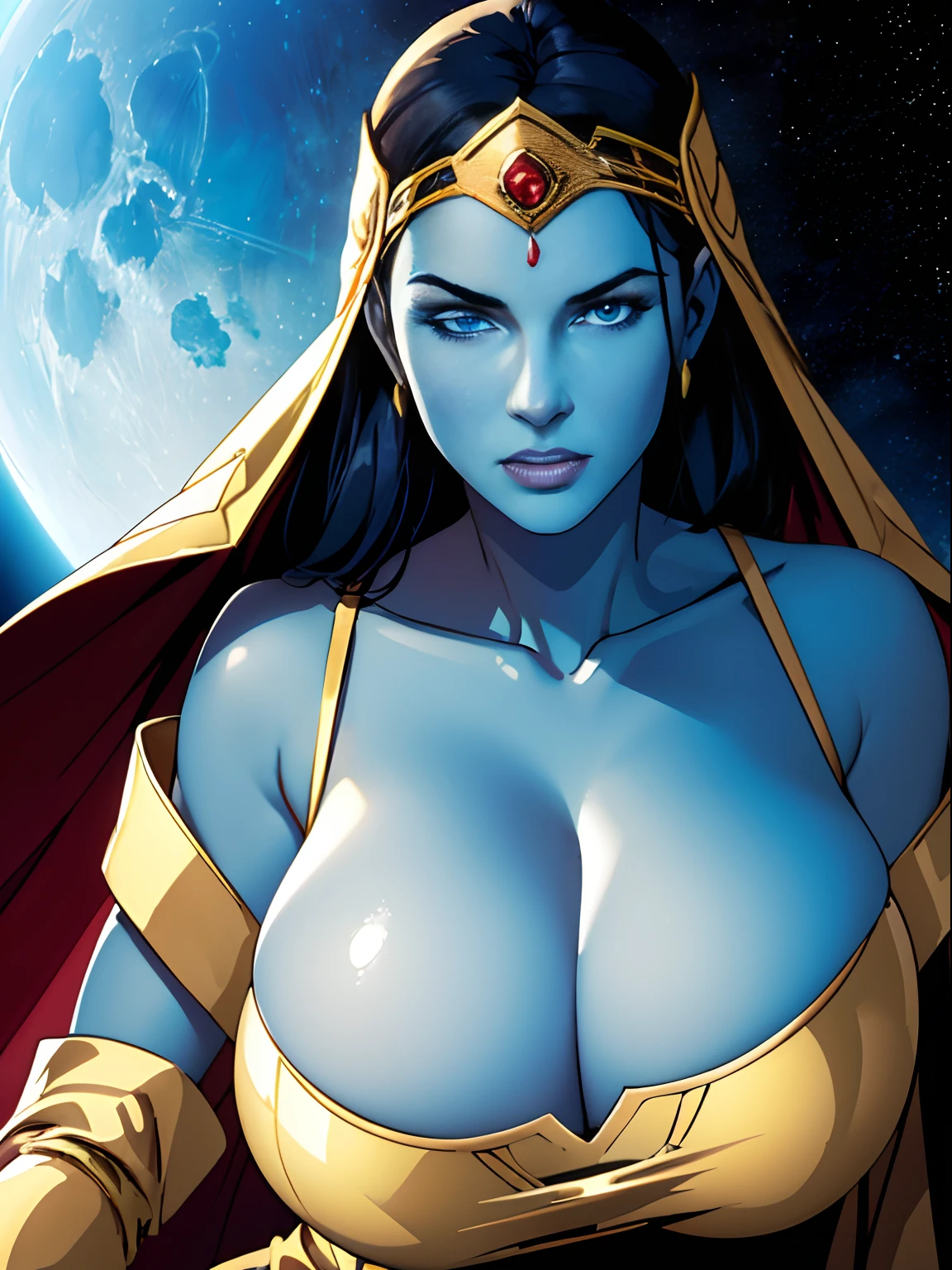 (masterpiece, top quality, best quality, official art, beautiful and aesthetic:1.2), (1girl:1.3), dark blue hair in braid, extremely detailed, portrait, looking at viewer, solo, (full body:0.6), detailed background, close up, (cool science fiction space theme:1.1), ((((blue skin)))), extremely busty sorceress, charlatan, mysterious, casting spells in space, four arms, revealing white and gold robes, fingerless gloves, long gloves, glowing magical energy, blindfold, elaborate headdress, golden ceremonial accessories, sheer white fabric, elegant robes, skirts, streamers, cowl, cape, sandals, bracers, ((((gigantic breasts, cleavage, skindentation)))), slim waist, slim hips, long legs, athletic, SPACE, futuristic moon, (space exterior:1.1) background, dark mysterious lighting, shadows, magical atmosphere, dutch angle