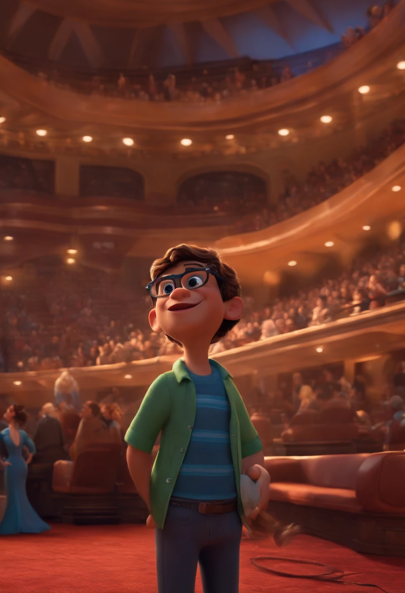 disney pixar , homem com entradas no cabelo de oculos segurando microfone