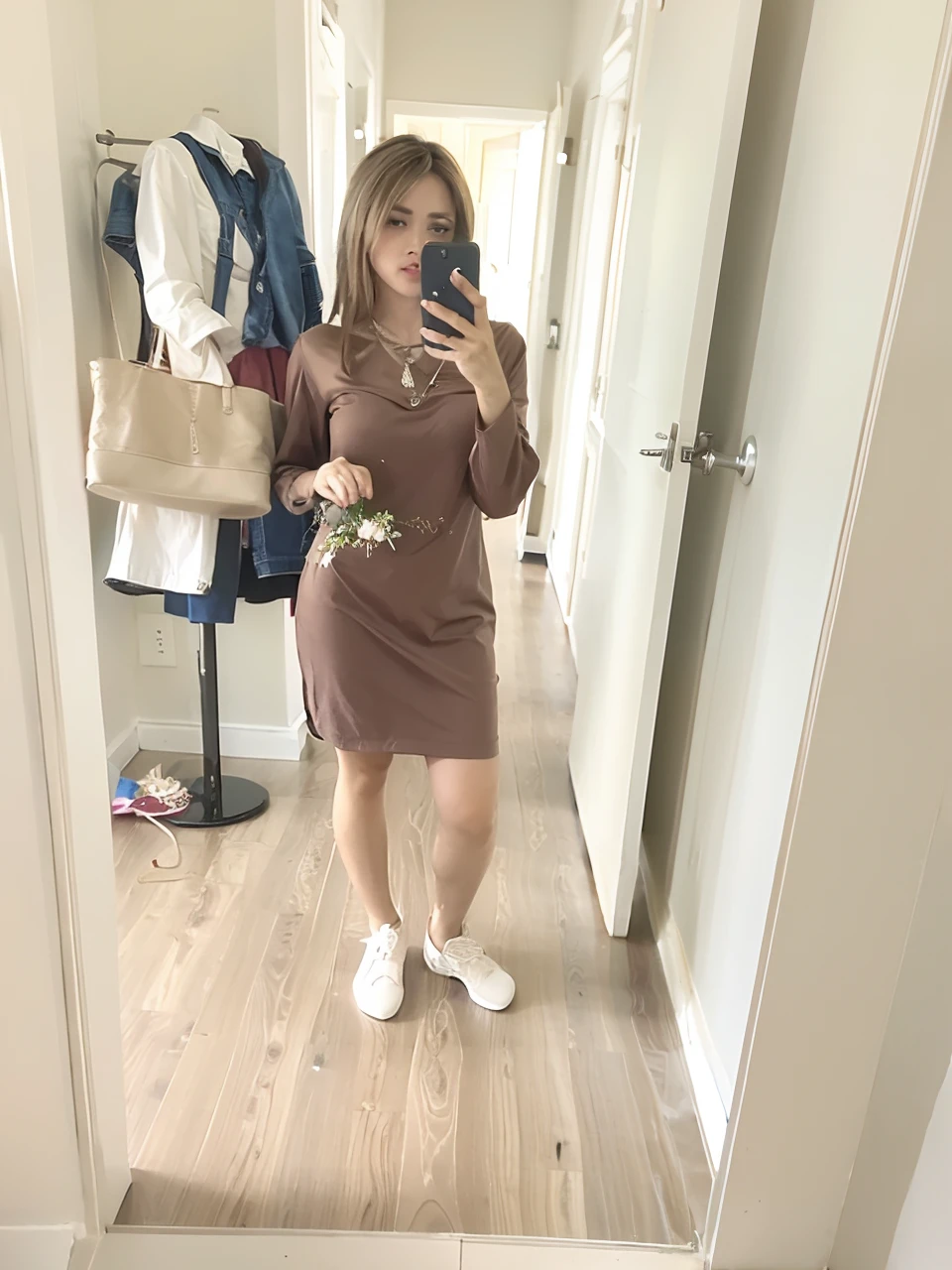 there is a woman taking a selfie in a mirror, foto da roupa, roupas marrons, em um vestido, imagem de corpo inteiro, vestido simples, vestindo um marrom, usando vestido, foto lisonjeira, em vestido marrom de renda, marrom e dourado, fotografia da roupa, usando um vestido, vestido rendado, organic dress, tiro de corpo inteiro, vestido curto, corpo inteiro!!, vestido bodycon