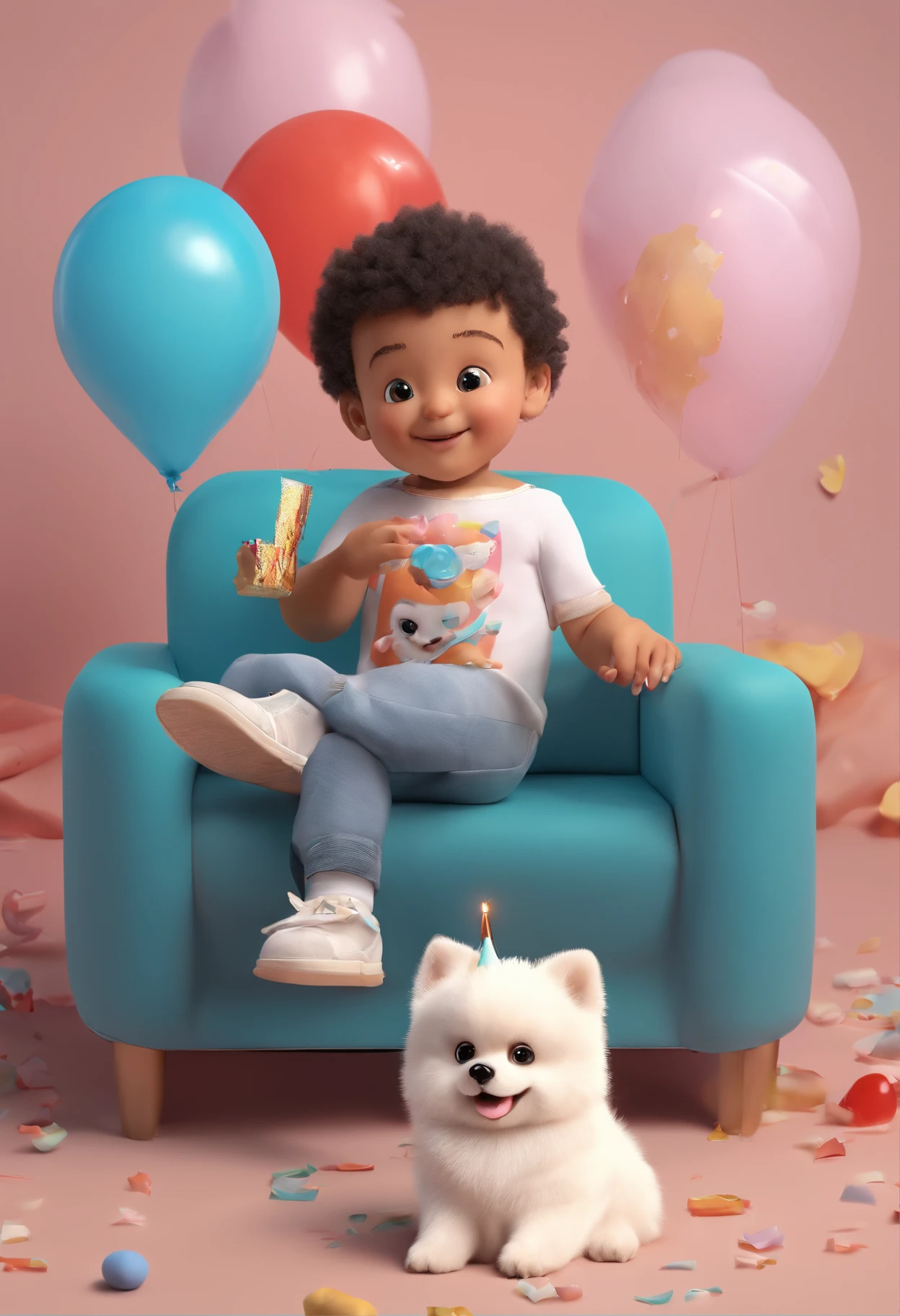 2-year-old boy is sitting on the couch with a small white Pomeranian crawling on his lap.., In front of a birthday cake, Make a Wish on Birthday Cake, Celebrating your birthday, pele branca, a delicate facial features