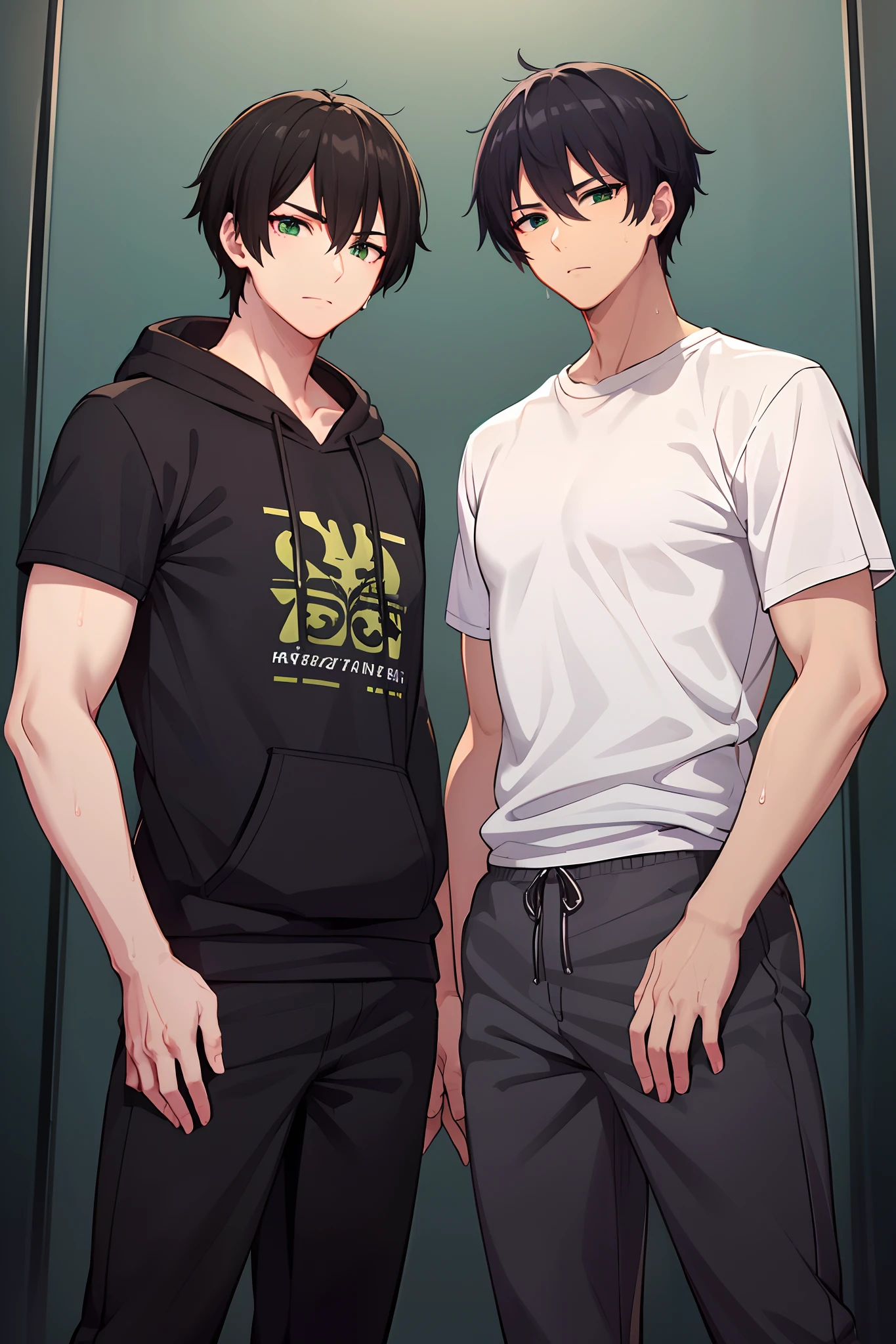 2guys, ((masterpiece)), standing, black hiar, one has white shirt, the other has blac hoodie and sweat pants, ((expressive eyes)), (perfect eyes), (looking at viewer), ((black hair)), ((green eyes)), tall, ((peers)), ((better eyes)), ((both men are the same height))