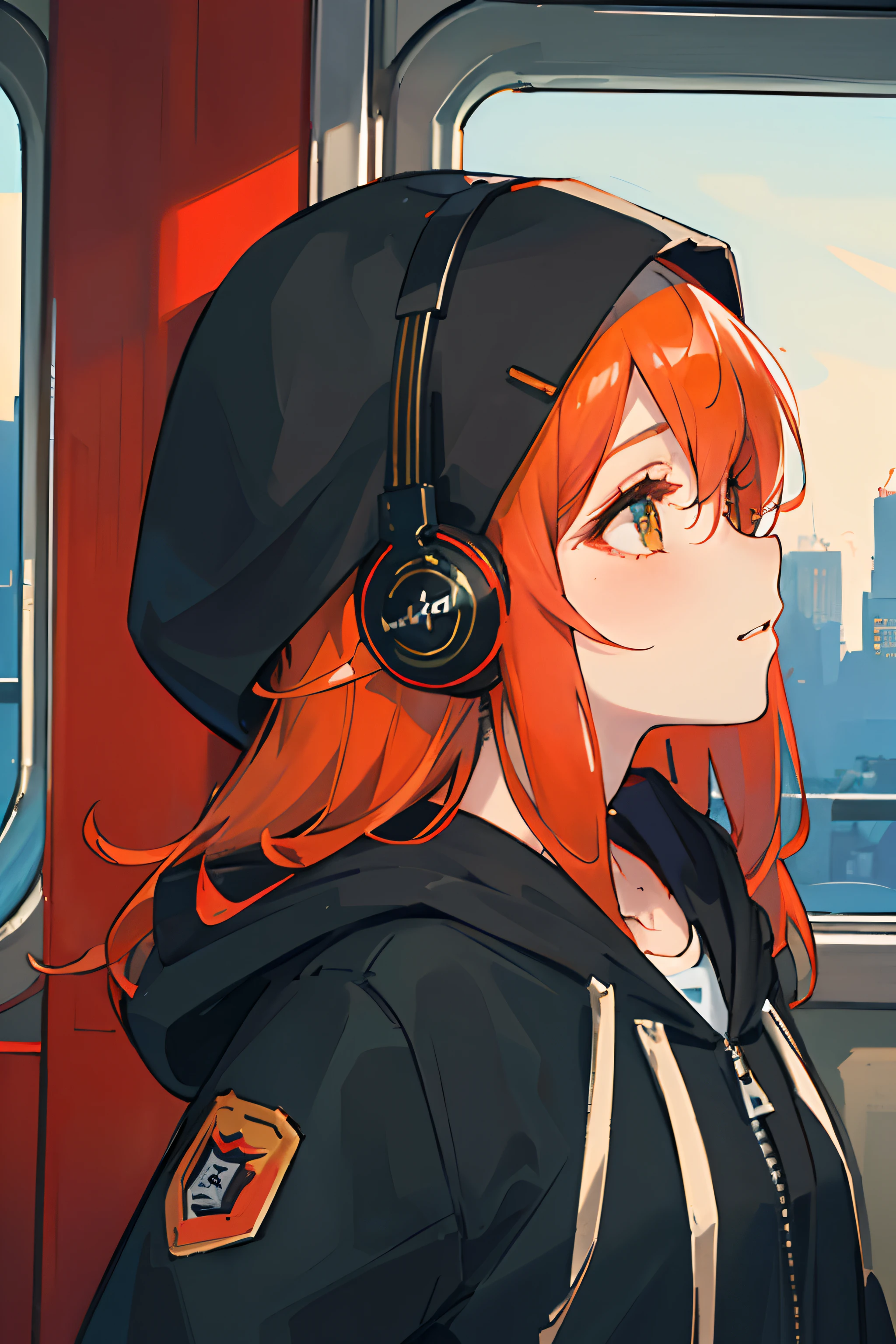 (masterpiece, sidelighting, ultra-detailed, finely detailed beautiful eyes: 1.2), 1girl, bag, building, from side, headphones, hood, hood down, hooded jacket, hoodie, jacket, long hair, orange hair, profile, red hair, solo, train, train interior, upper body, Masterpiece, best quality