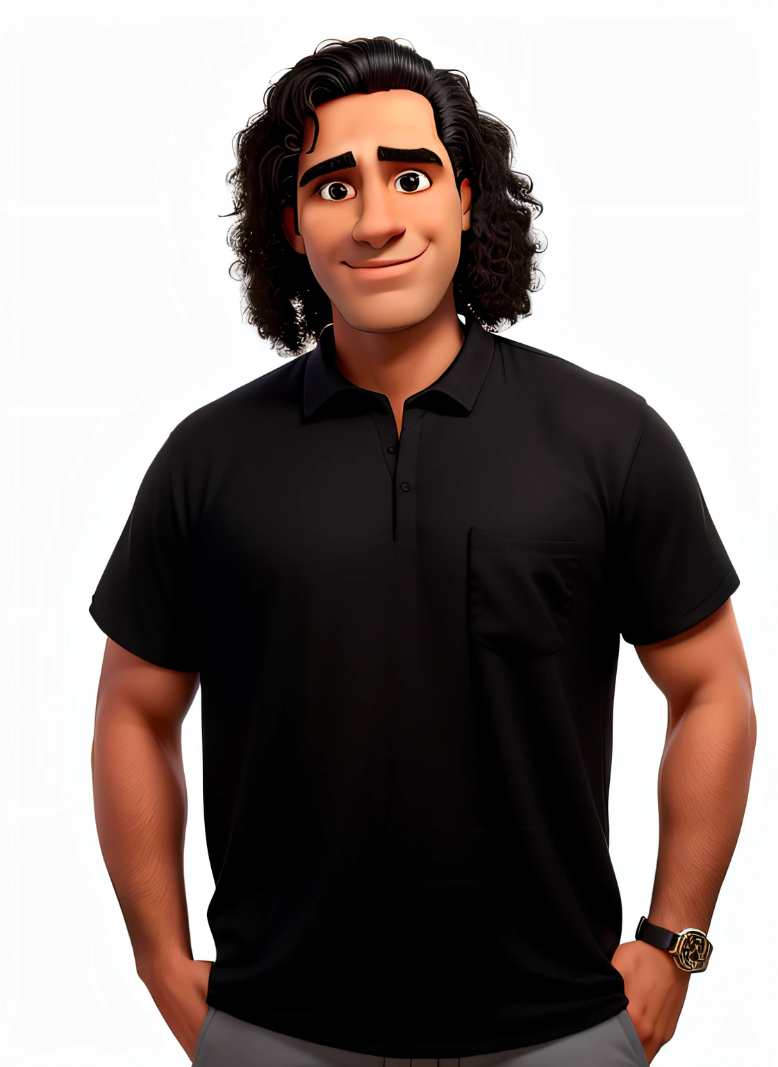 Homem de cabelos cacheados e camisa preta posando para foto, he is wearing a black t-shirt, inspirado em Jorge Jacinto, standing with a black background, vestindo uma camisa preta, studio portrait photo, foto headshot, Saadane AFIF, andres rios, ramil sunga, um homem negro com longos cabelos cacheados, Mohamed Chahin