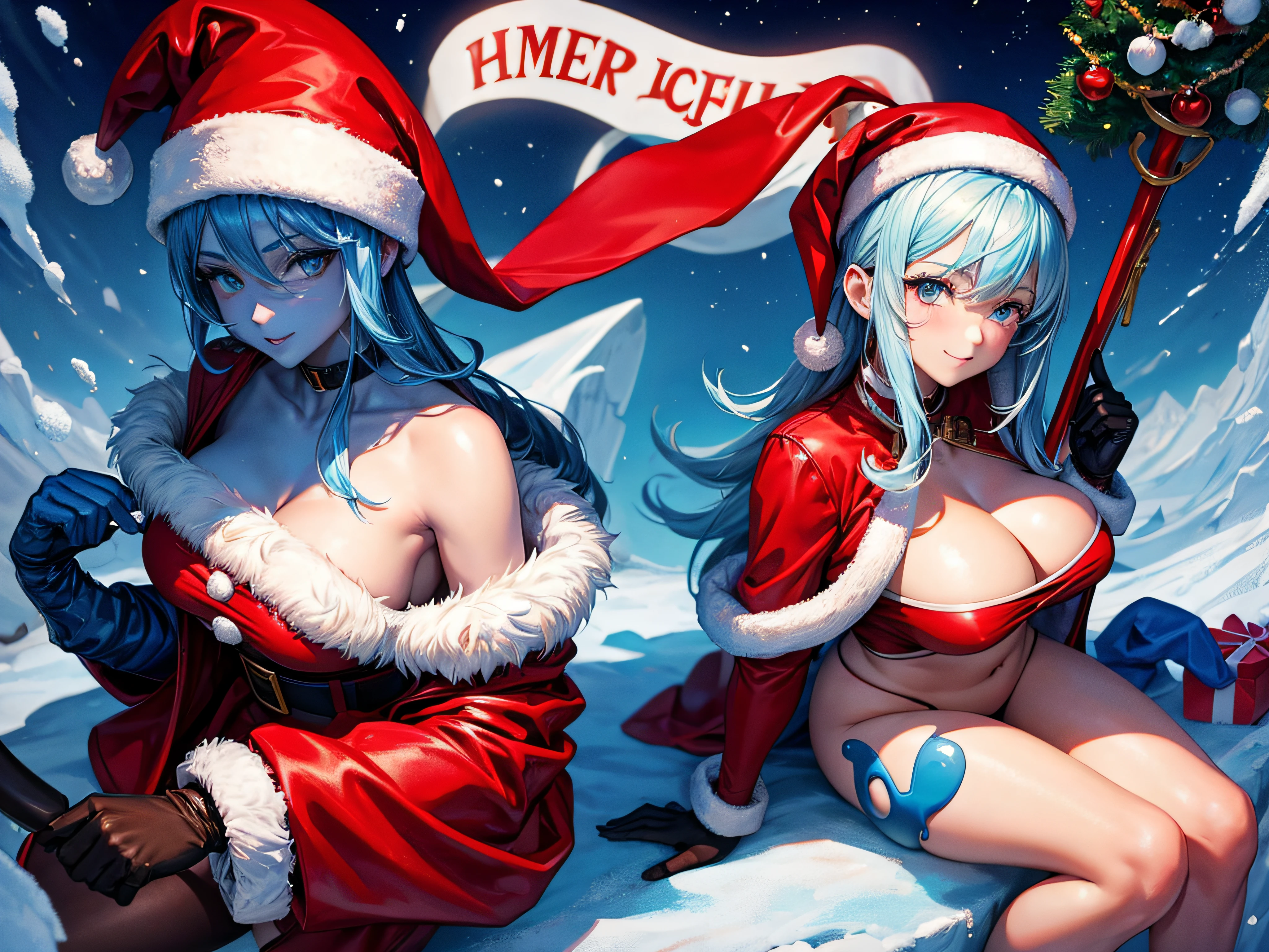 Santa and a Smurf picking up hookers in Santa's sleigh