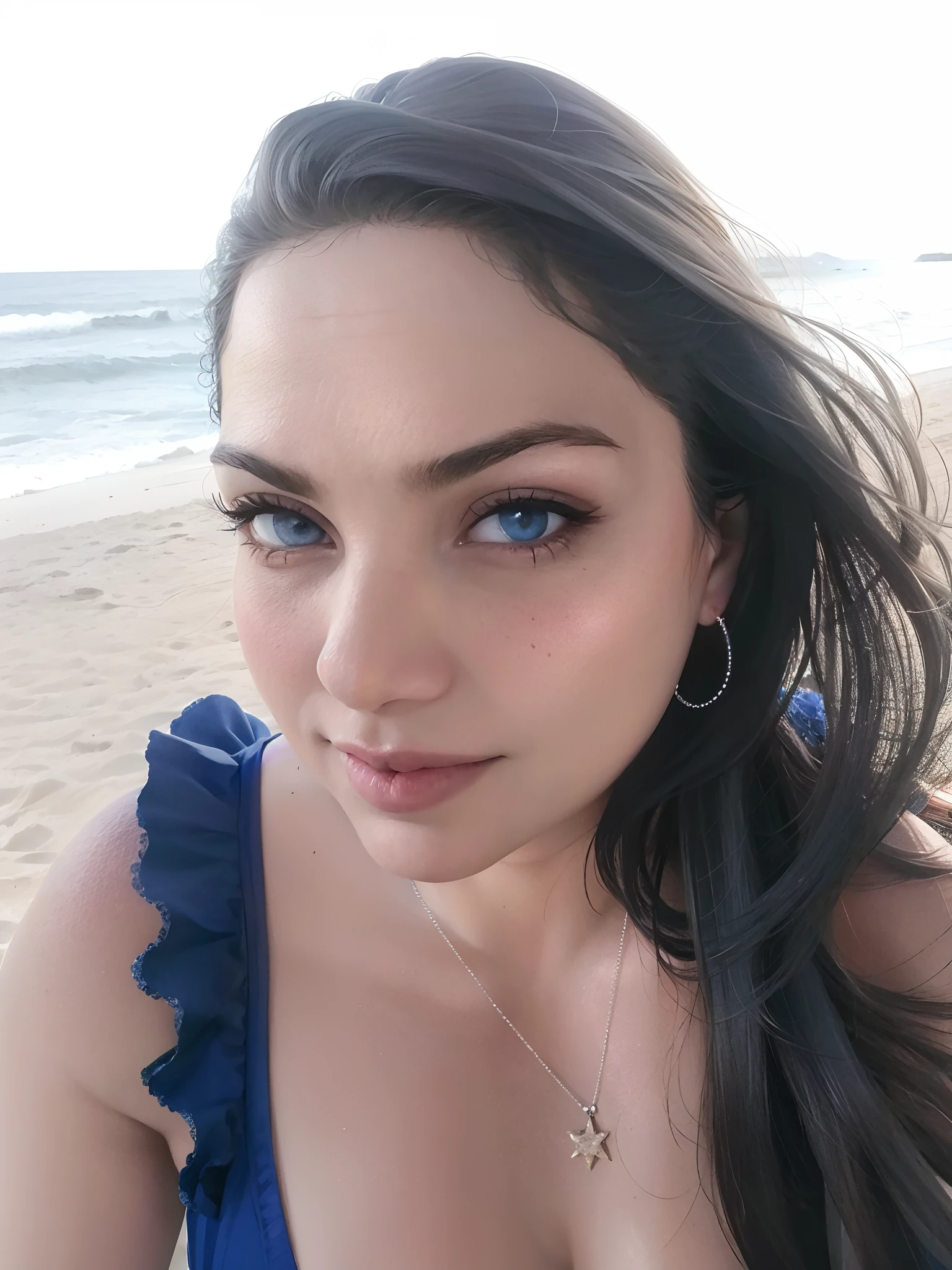 There's a woman who's sitting on the beach in a blue dress, 5 0 anos de idade mulher, Mulher de 30 anos, 50 anos, 50 anos, 50 anos, lindo rosto latino, na praia, Mulheres de 50 anos, foto de praia, imagem de perfil, 4 9 anos, blue symmetric eyes 24yo