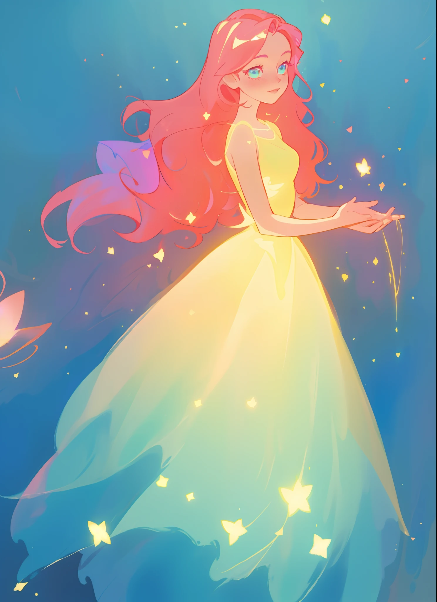 beautiful girl in flowing gradient layered ballgown, flowing pink hair, sparkling gold aqua blue gradient dress, whimsical fantasia and flowers background, vibrant pastel colors, (colorful), magical lights, magical flowers, flowers, glowing lights, red pink long wavy hair, sparkling lines of light, inspired by Glen Keane, inspired by Lois van Baarle, disney art style, by Lois van Baarle, glowing aura around her, by Glen Keane, jen bartel, glowing lights! digital painting, flowing glowing hair, glowing flowing hair, beautiful digital illustration, fantasia background, whimsical, magical, fantasy, beautiful face, ((masterpiece, best quality)), intricate details, highly detailed, sharp focus, 8k resolution, sparkling detailed eyes, liquid watercolor