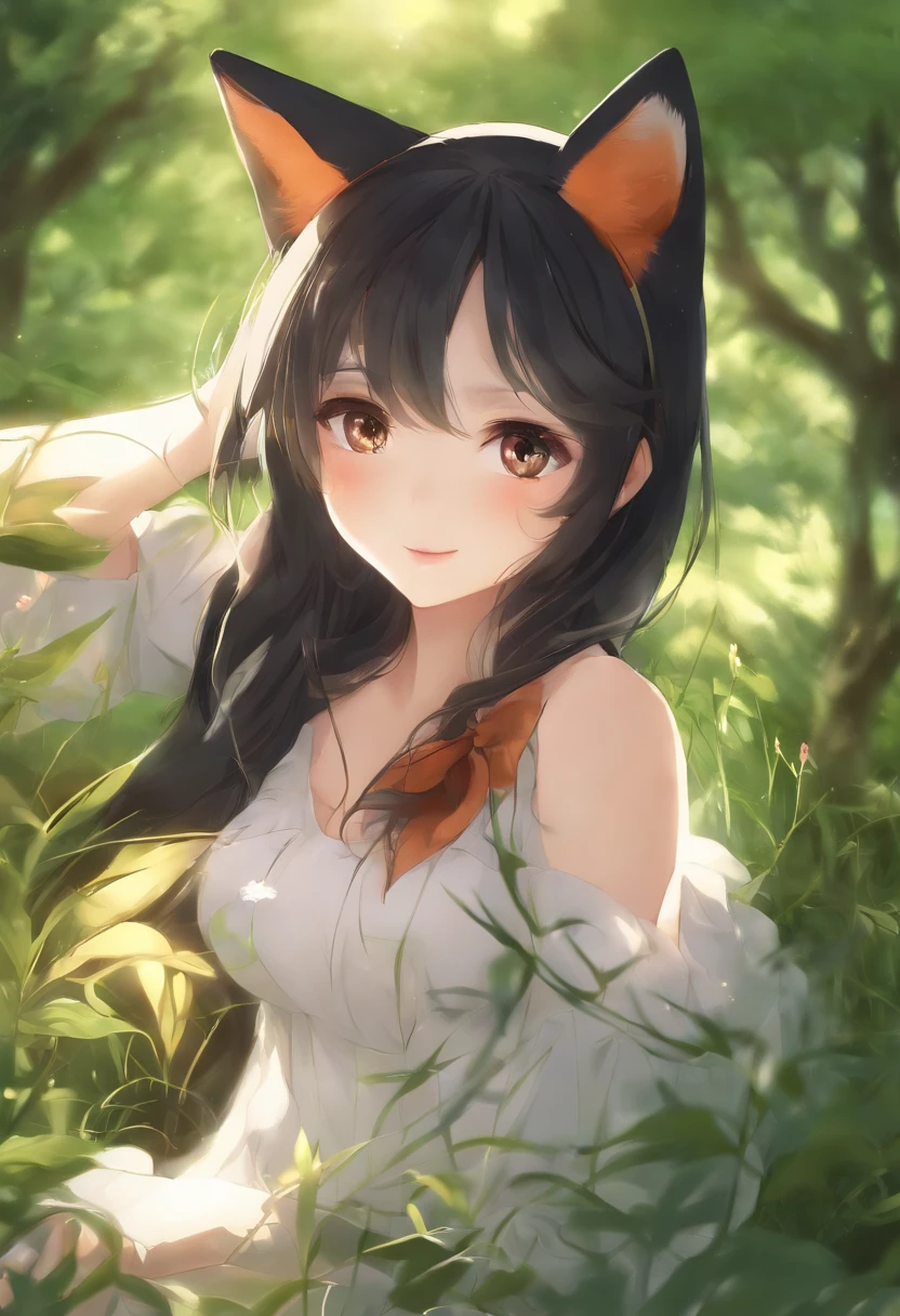A pretty anime girl, that its under the sun light in the hill, rounded by a lot of green grass, and som trees, and a bit of wind its moving her hair, she has, black hair, and fox ears, it a semi-human, semi-fox, she, its not showing too much skin, its very dresed, eye reflection, smile, Wide-Angle, anime, UHD, masterpiece, 4K, anatomically correct, high details, super detail