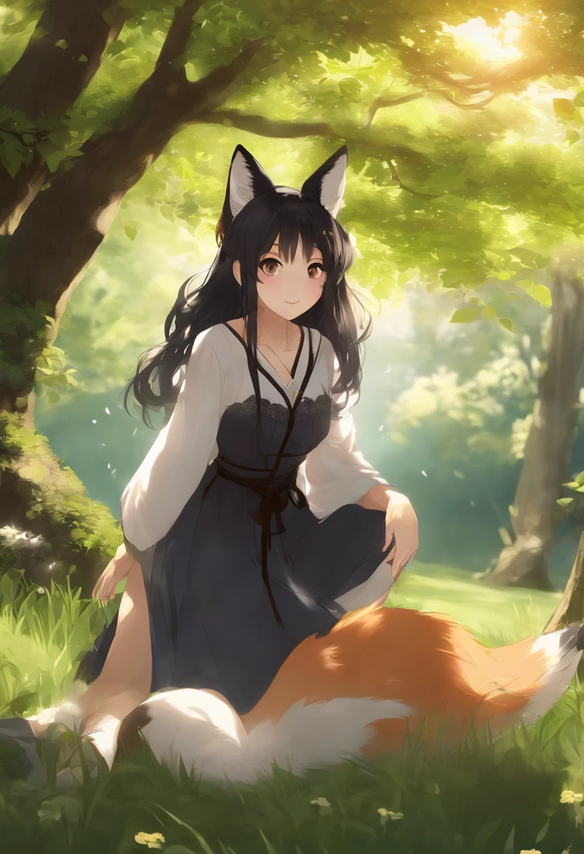 A pretty anime girl, that its under the sun light in the hill, rounded by a lot of green grass, and som trees, and a bit of wind its moving her hair, she has, black hair, and fox ears, it a semi-human, semi-fox, she, its not showing too much skin, its very dresed, eye reflection, smile, Wide-Angle, anime, UHD, masterpiece, 4K, anatomically correct, high details, super detail