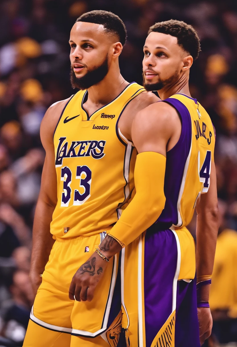 lebrom james  e stephen curry com o mesmo uniforme dos lakers