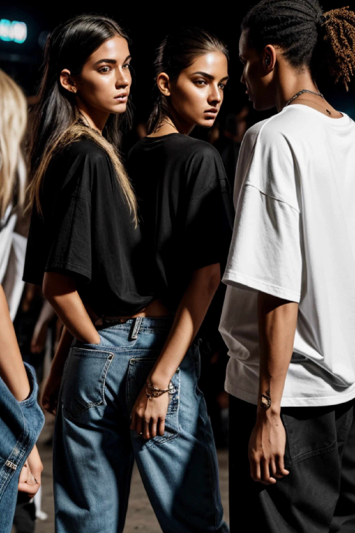 Hyper realistic, happy , 85mm, ultra realistic, detailed face. back shot, three models at a rave in brooklyn, wearing fear of god style streetwear, loose, oversized tshirts, black jeans pants, fashion photoshoot