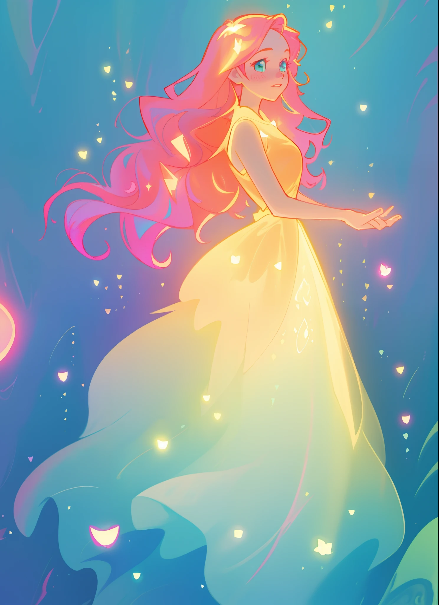 beautiful girl in flowing gradient layered ballgown, flowing pink hair, sparkling gold aqua blue gradient dress, whimsical fantasia and flowers background, vibrant pastel colors, (colorful), magical lights, magical flowers, flowers, glowing lights, red pink long wavy hair, sparkling lines of light, inspired by Glen Keane, inspired by Lois van Baarle, disney art style, by Lois van Baarle, glowing aura around her, by Glen Keane, jen bartel, glowing lights! digital painting, flowing glowing hair, glowing flowing hair, beautiful digital illustration, fantasia background, whimsical, magical, fantasy, beautiful face, ((masterpiece, best quality)), intricate details, highly detailed, sharp focus, 8k resolution, sparkling detailed eyes, liquid watercolor