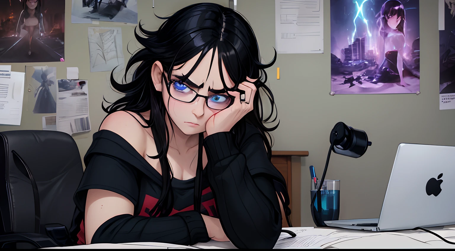 Neon glow, directional lighting, highres, masterpiece, 8k, (dark blue eyes with dark circles), tired, annoyed expression, sitting at a desk in front of a laptop computer, hunched posture, black hair, (messy hair), long greasy hair, sweaty, disheveled, unwashed, thick eyebrows, worn dirty t shirt, (wearing glasses), wearing headphones, (dark messy bedroom), (walls covered in detailed posters), multiple tangled black electrical cables, led lights, plushies, nighttime