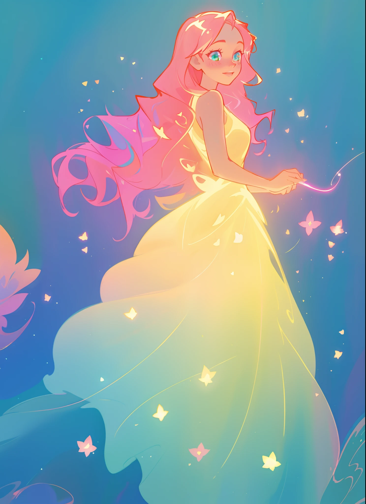 beautiful girl in flowing gradient layered ballgown, flowing pink hair, sparkling gold aqua blue gradient dress, whimsical fantasia and flowers background, vibrant pastel colors, (colorful), magical lights, magical flowers, flowers, glowing lights, red pink long wavy hair, sparkling lines of light, inspired by Glen Keane, inspired by Lois van Baarle, disney art style, by Lois van Baarle, glowing aura around her, by Glen Keane, jen bartel, glowing lights! digital painting, flowing glowing hair, glowing flowing hair, beautiful digital illustration, fantasia background, whimsical, magical, fantasy, beautiful face, ((masterpiece, best quality)), intricate details, highly detailed, sharp focus, 8k resolution, sparkling detailed eyes, liquid watercolor