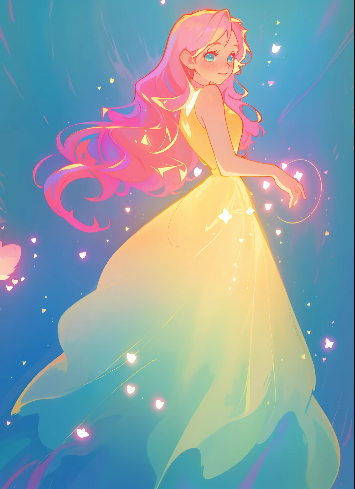 beautiful girl in flowing gradient layered ballgown, flowing pink hair, sparkling gold aqua blue gradient dress, whimsical fantasia and flowers background, vibrant pastel colors, (colorful), magical lights, magical flowers, flowers, glowing lights, red pink long wavy hair, sparkling lines of light, inspired by Glen Keane, inspired by Lois van Baarle, disney art style, by Lois van Baarle, glowing aura around her, by Glen Keane, jen bartel, glowing lights! digital painting, flowing glowing hair, glowing flowing hair, beautiful digital illustration, fantasia background, whimsical, magical, fantasy, beautiful face, ((masterpiece, best quality)), intricate details, highly detailed, sharp focus, 8k resolution, sparkling detailed eyes, liquid watercolor