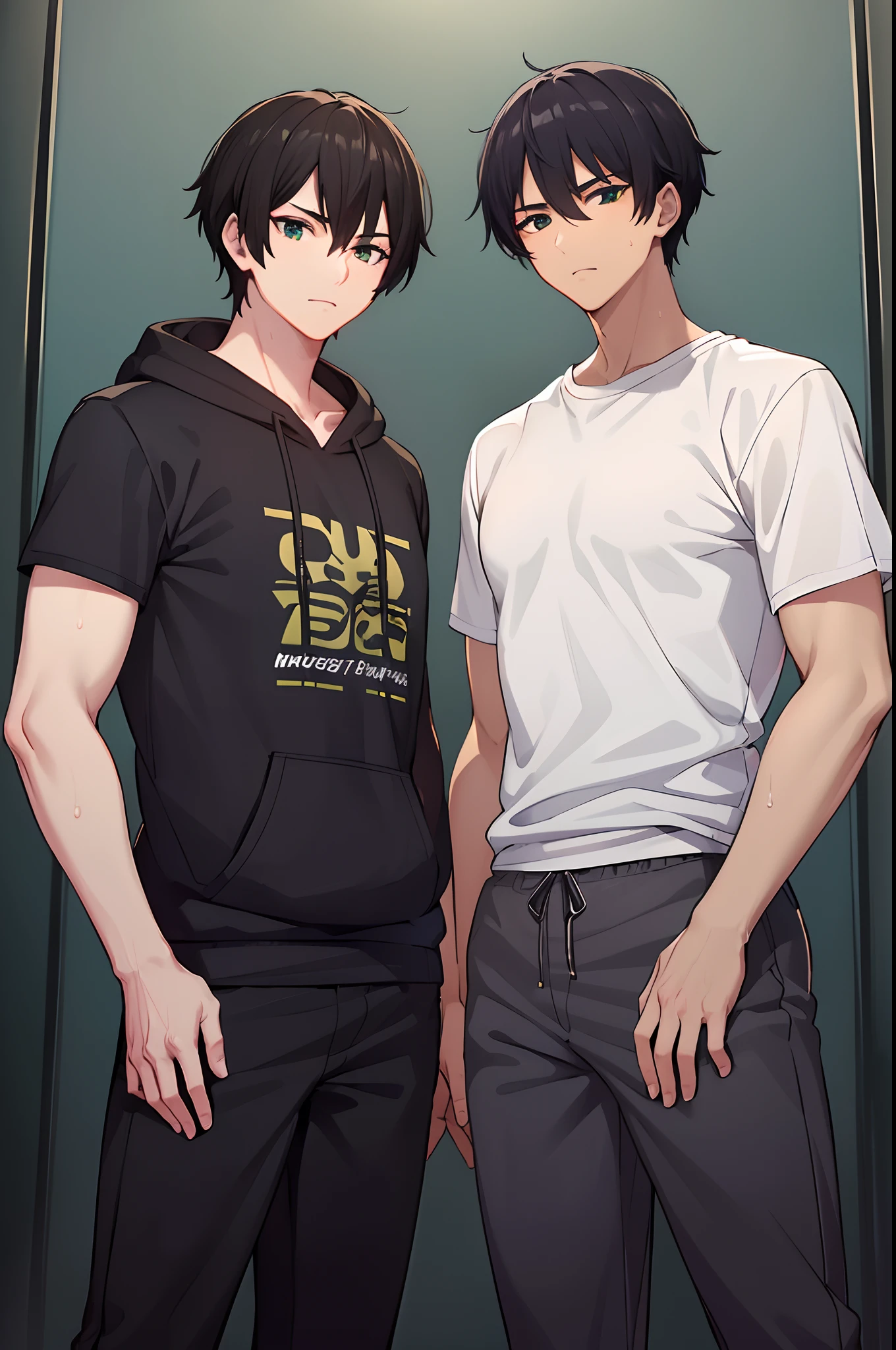2guys, ((masterpiece)), standing, black hiar, one has white shirt, the other has blac hoodie and sweat pants, ((expressive eyes)), (perfect eyes), (looking at viewer), ((black hair)), ((green eyes)), tall, ((peers)), ((better eyes)), ((both men are the same height))