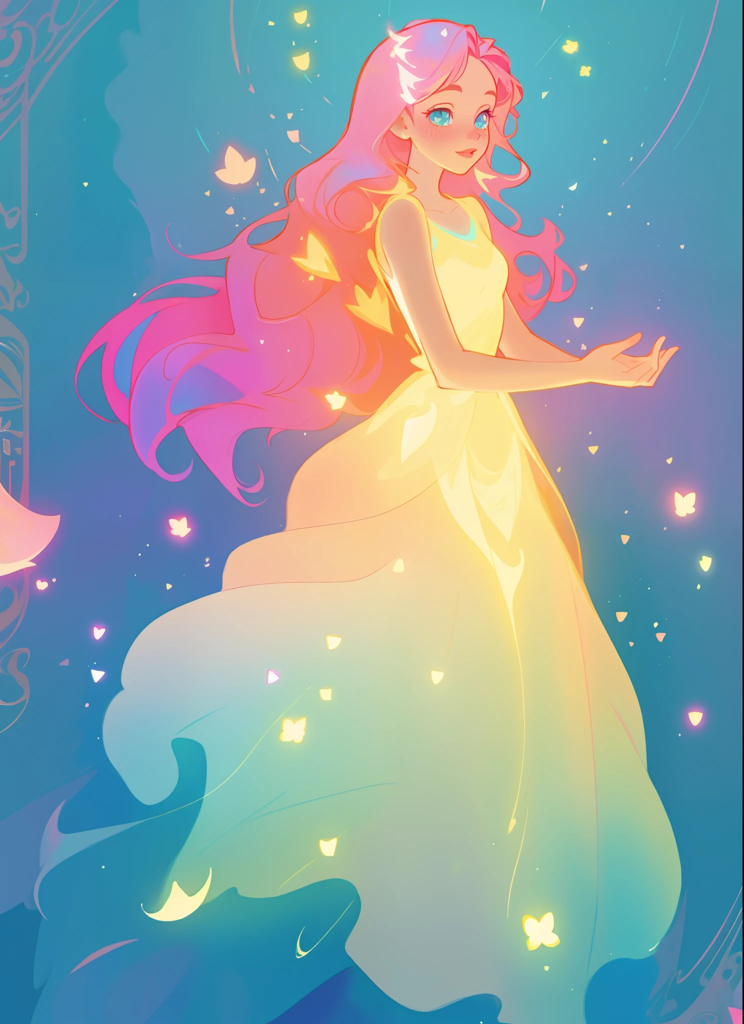 beautiful girl in flowing gradient layered ballgown, flowing pink hair, sparkling gold aqua blue gradient dress, whimsical fantasia and flowers background, vibrant pastel colors, (colorful), magical lights, magical flowers, flowers, glowing lights, red pink long wavy hair, sparkling lines of light, inspired by Glen Keane, inspired by Lois van Baarle, disney art style, by Lois van Baarle, glowing aura around her, by Glen Keane, jen bartel, glowing lights! digital painting, flowing glowing hair, glowing flowing hair, beautiful digital illustration, fantasia background, whimsical, magical, fantasy, beautiful face, ((masterpiece, best quality)), intricate details, highly detailed, sharp focus, 8k resolution, sparkling detailed eyes, liquid watercolor
