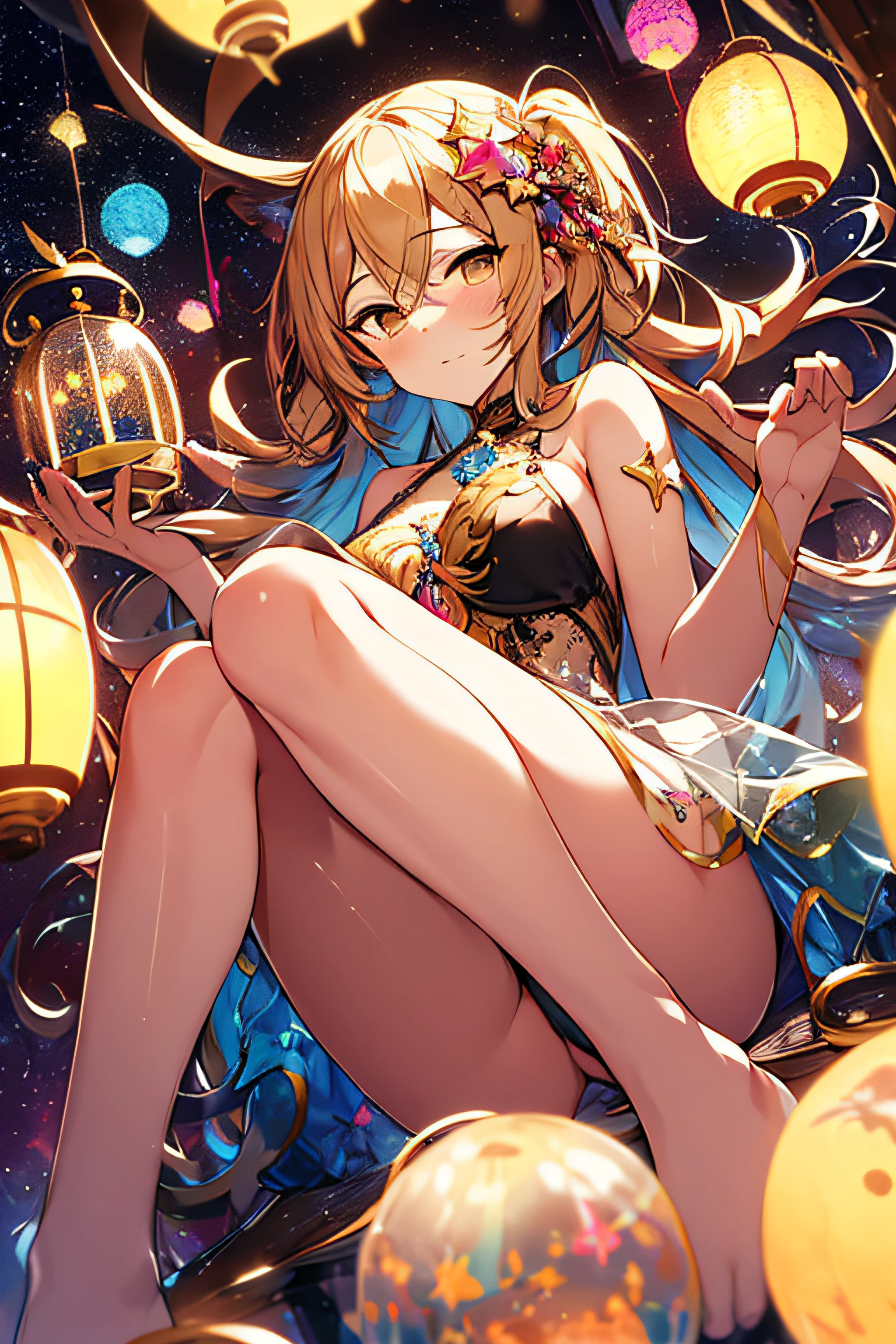 layla (masterpiece), (best quality), (ultra detailed),(disheveled hair),(illustration), (1girl), beautifuldetailedeyes,delicate beautiful face,Floating,(high saturation),(colorful splashes),colorful bubble,(shining),focus on face, sitting inside a glass ball, g;ass cage, golden stars and lanterns