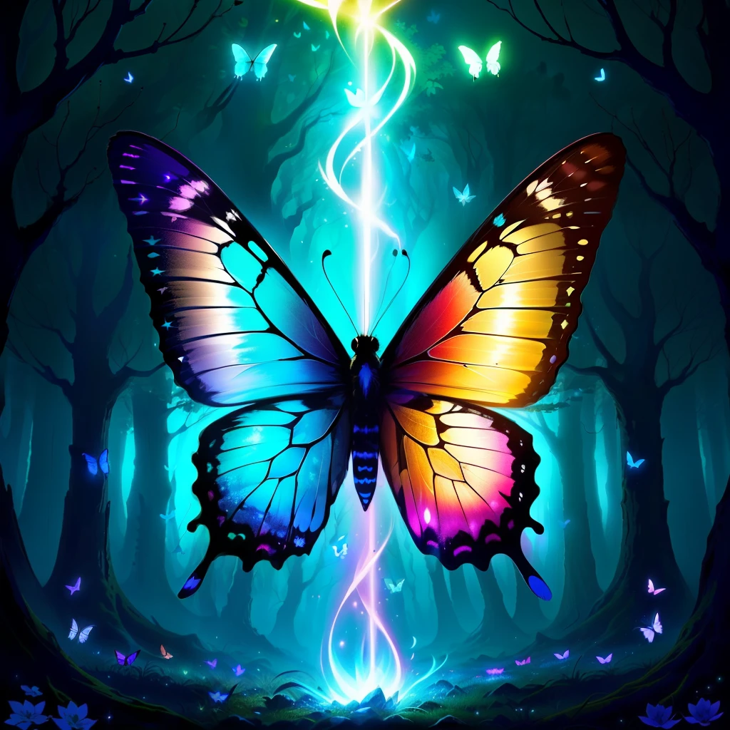 Butterflies (vibrant, fiery) blue effects (powerful, mesmerizing) brilliant blue spells, within a mystical forest (mysterious enchanted). magical butterflies, neon effects, 4k, flying through a magical forest