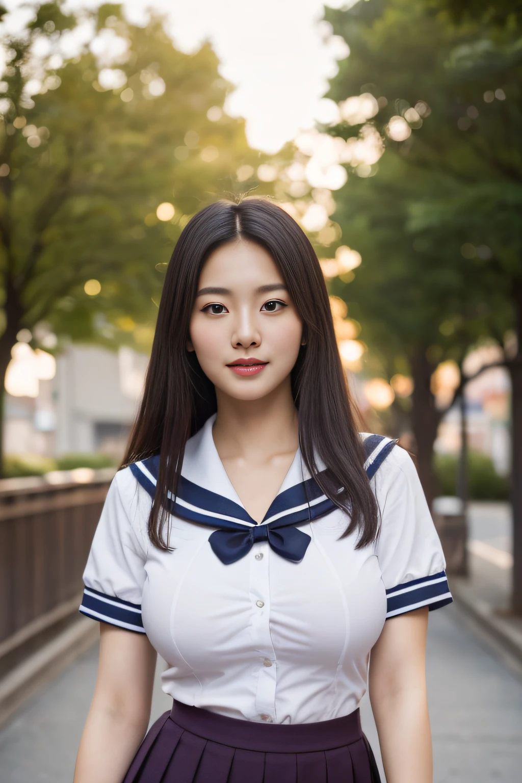 (Best Quality,8K,High resolution:1.2),(Beautiful Realistic Asians:1.6)、(cute Japanese girls:1.4),(Huge breasts:1.25),(Glamorous body),(School uniform,serafuku,Pleated skirt,Sailor collar,white shirt:1.2)、Professional、(My dear woman、Joy of Loving、Heartbeat in the chest)、