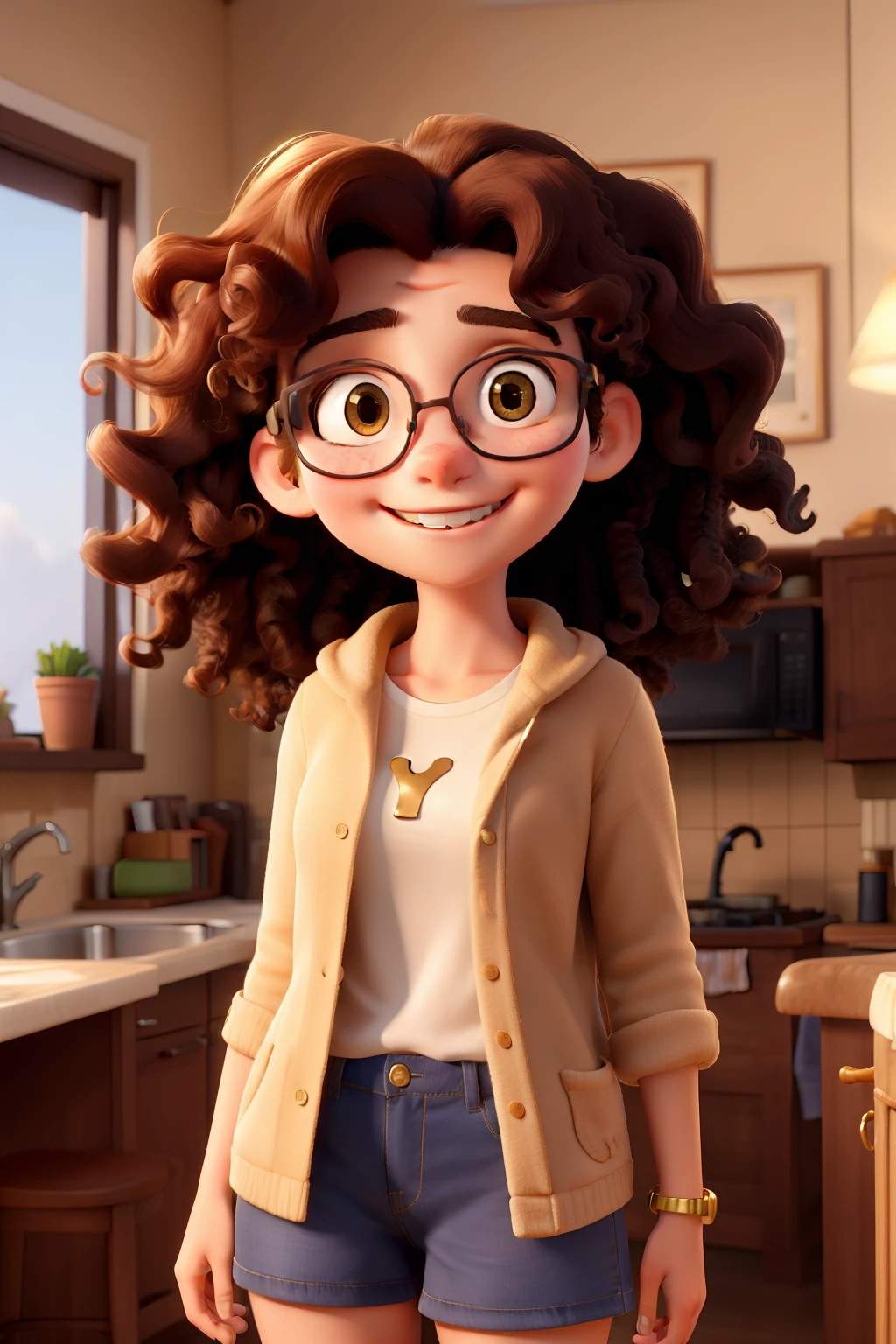 high quality image of a cute -yeld gi with curly hair, smiling, midsize body, wearing golden glasses, missionary