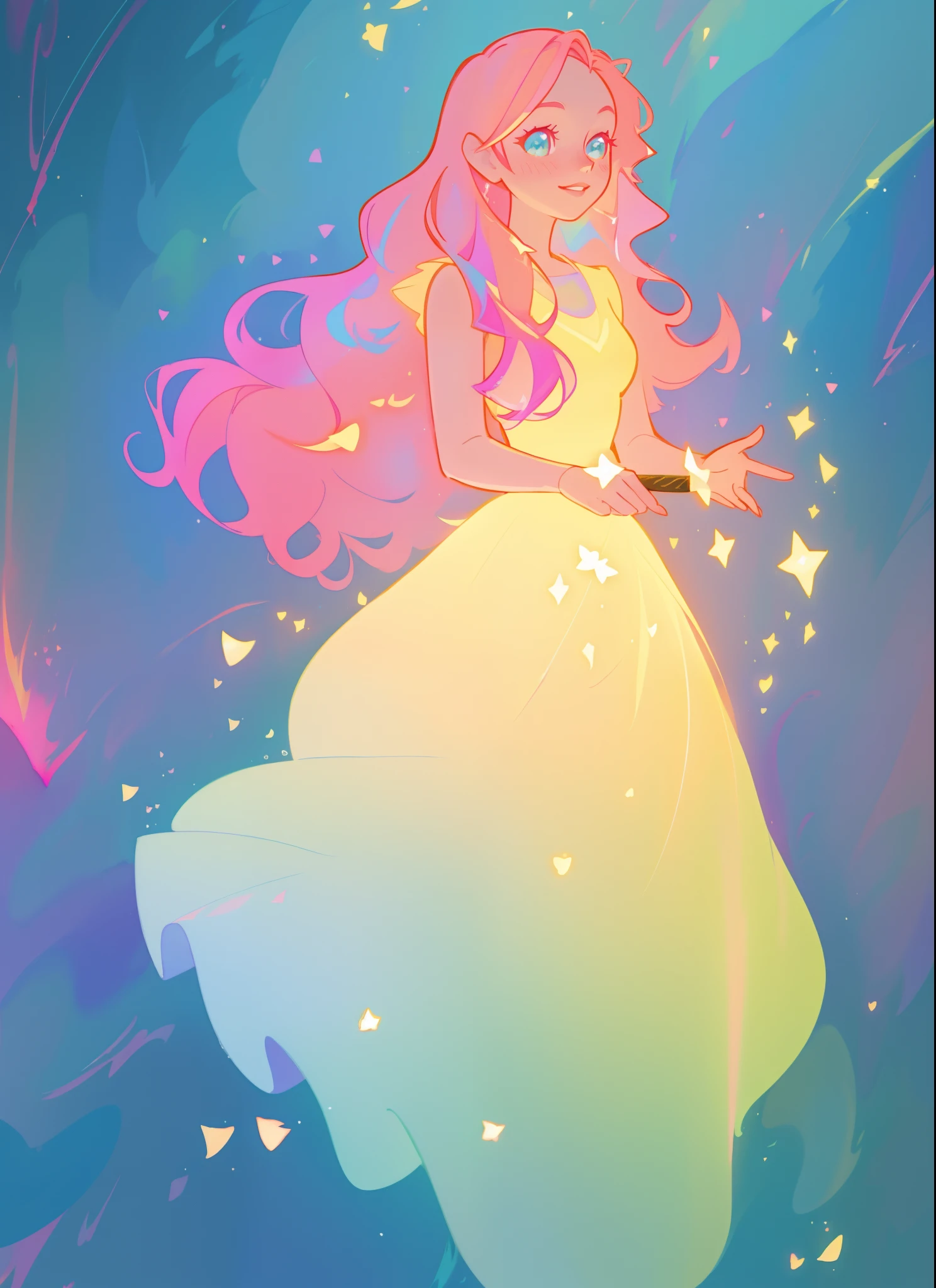 beautiful girl in flowing gradient layered ballgown, flowing pink hair, sparkling gold aqua blue gradient dress, whimsical fantasia and flowers background, vibrant pastel colors, (colorful), magical lights, magical flowers, flowers, glowing lights, red pink long wavy hair, sparkling lines of light, inspired by Glen Keane, inspired by Lois van Baarle, disney art style, by Lois van Baarle, glowing aura around her, by Glen Keane, jen bartel, glowing lights! digital painting, flowing glowing hair, glowing flowing hair, beautiful digital illustration, fantasia background, whimsical, magical, fantasy, beautiful face, ((masterpiece, best quality)), intricate details, highly detailed, sharp focus, 8k resolution, sparkling detailed eyes, liquid watercolor