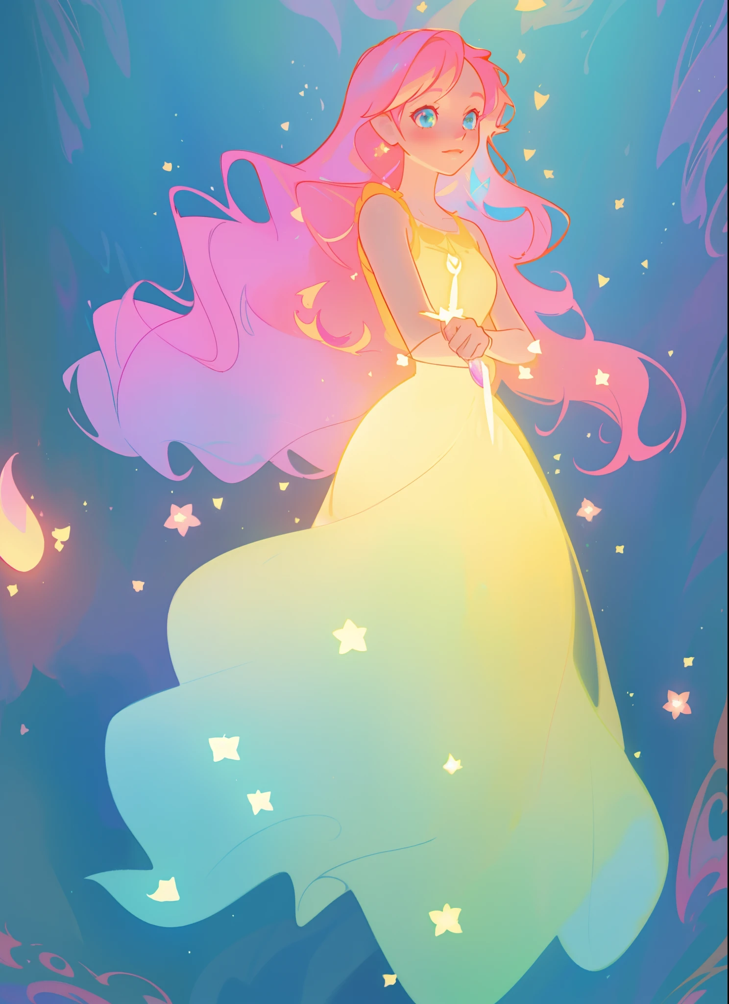 beautiful girl in flowing gradient layered ballgown, flowing pink hair, sparkling gold aqua blue gradient dress, whimsical fantasia and flowers background, vibrant pastel colors, (colorful), magical lights, magical flowers, flowers, glowing lights, red pink long wavy hair, sparkling lines of light, inspired by Glen Keane, inspired by Lois van Baarle, disney art style, by Lois van Baarle, glowing aura around her, by Glen Keane, jen bartel, glowing lights! digital painting, flowing glowing hair, glowing flowing hair, beautiful digital illustration, fantasia background, whimsical, magical, fantasy, beautiful face, ((masterpiece, best quality)), intricate details, highly detailed, sharp focus, 8k resolution, sparkling detailed eyes, liquid watercolor