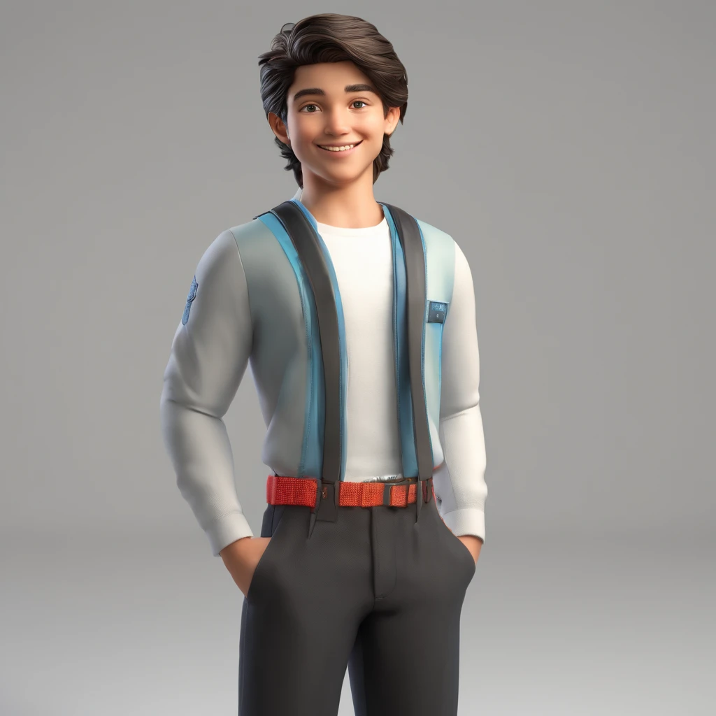 Alexander is a smiling 15-year-old human boy, com cabelo ralo e preto e usa blusa preta