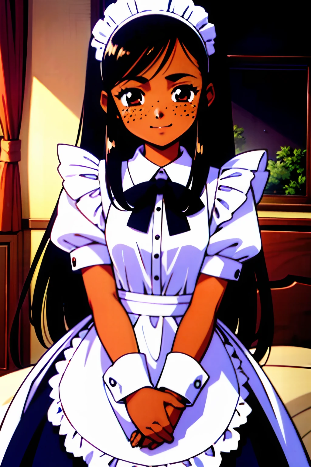 (best-quality:0.8), (best-quality:0.8), rich dark brown skin, long black hair, straight hair, brown eyes, feminine, freckles, petite, happy expression, bedroom, maid outfit, facing viewer, hands clasped